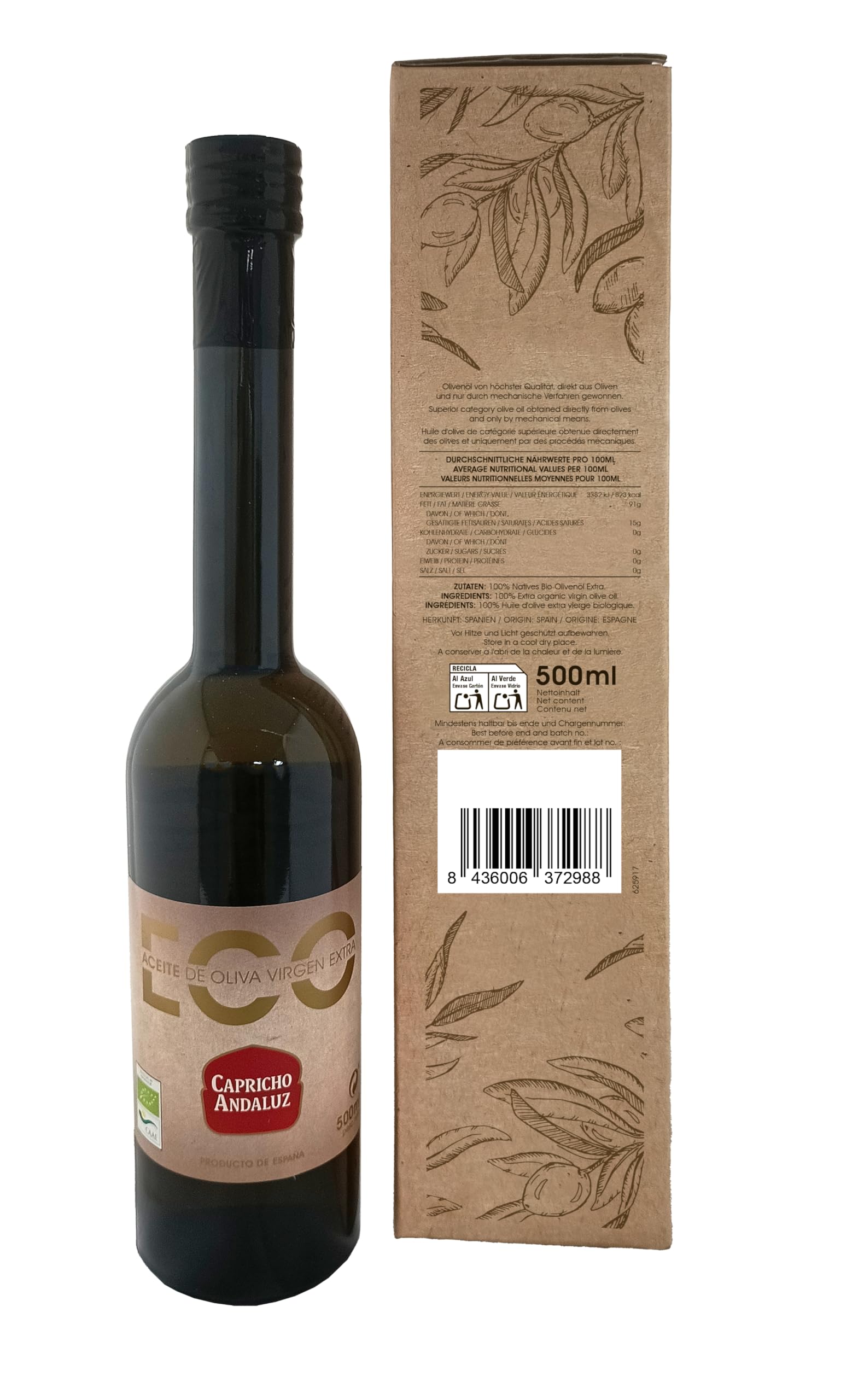 Capricho Andaluz - Aceite de Oliva Virgen Extra Estuche Eco Gourmet de 500 ml, Aporta un Sabor Único a tus Platos con un Formato Exclusivo para Regalar