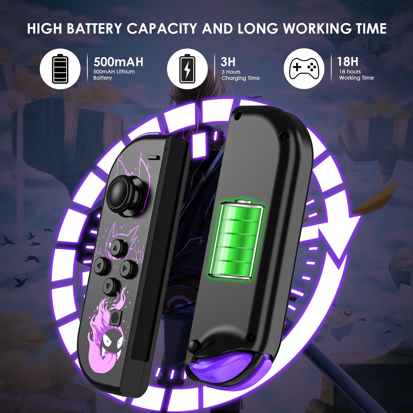 Replacement L/R Switch Controller Work with Switch/Lite/OLED Console,Wireless Controller Support Dual Vibration,6-Axis Gyro,Wake-up,Motion Controls,Screenshot-Purple — view 3