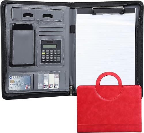 Miniatura 1 de Carpeta de cuero con cremallera para mujereshombres, cartera de negocios con asa oculta, organizador de conferencias de 13.5 x 10.1 pulgadas,