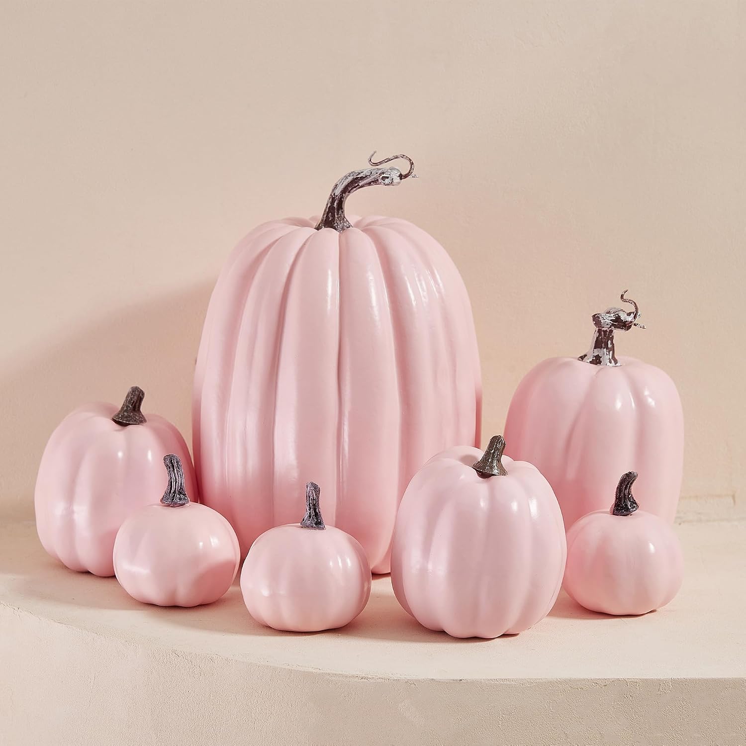 7Pcs Artificial Pumpkins of all Styles Halloween Decoration Rural Style Farmhouse Foam Pumpkin Harvest Season Thanksgiving Day is Suitable for Table top House Dining Table Party Decoration (Pink) image 2