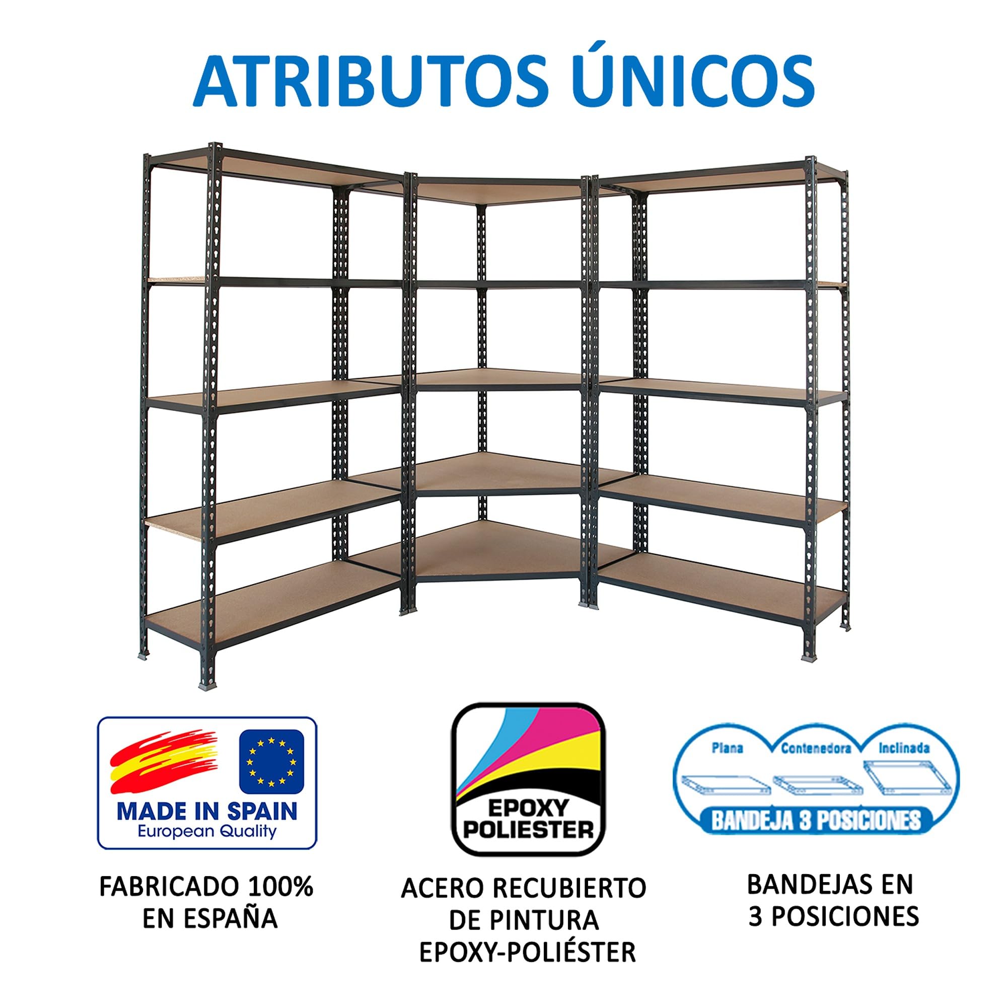 Simon Rack Estanteria Esquina Metalica, 1800x1800x500 mm, 5 Baldas Madera, 200 kg de Punto Flexión, Estanterías Almacenaje, 1 Módulo Extra, Antracita/Madera - Maderclick Corner