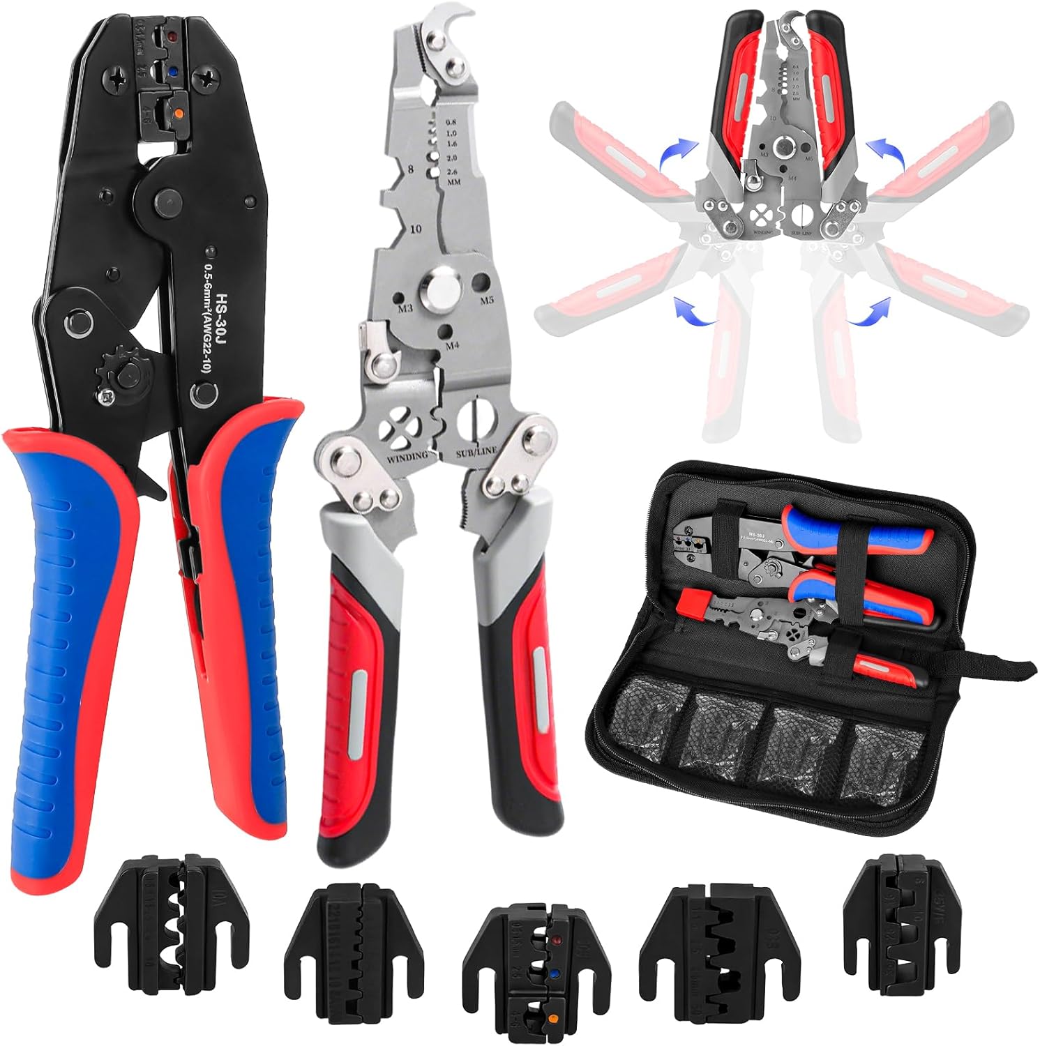 Wire Crimping Tool Set- Crimper Kit with 5 Interchangeable Jaws and Foldable Wire Stripper for AWG 20-2 Heat Shrink, Open Barrel, Insulated and Non-Insulated Ferrules,Electrician Crimping Kit