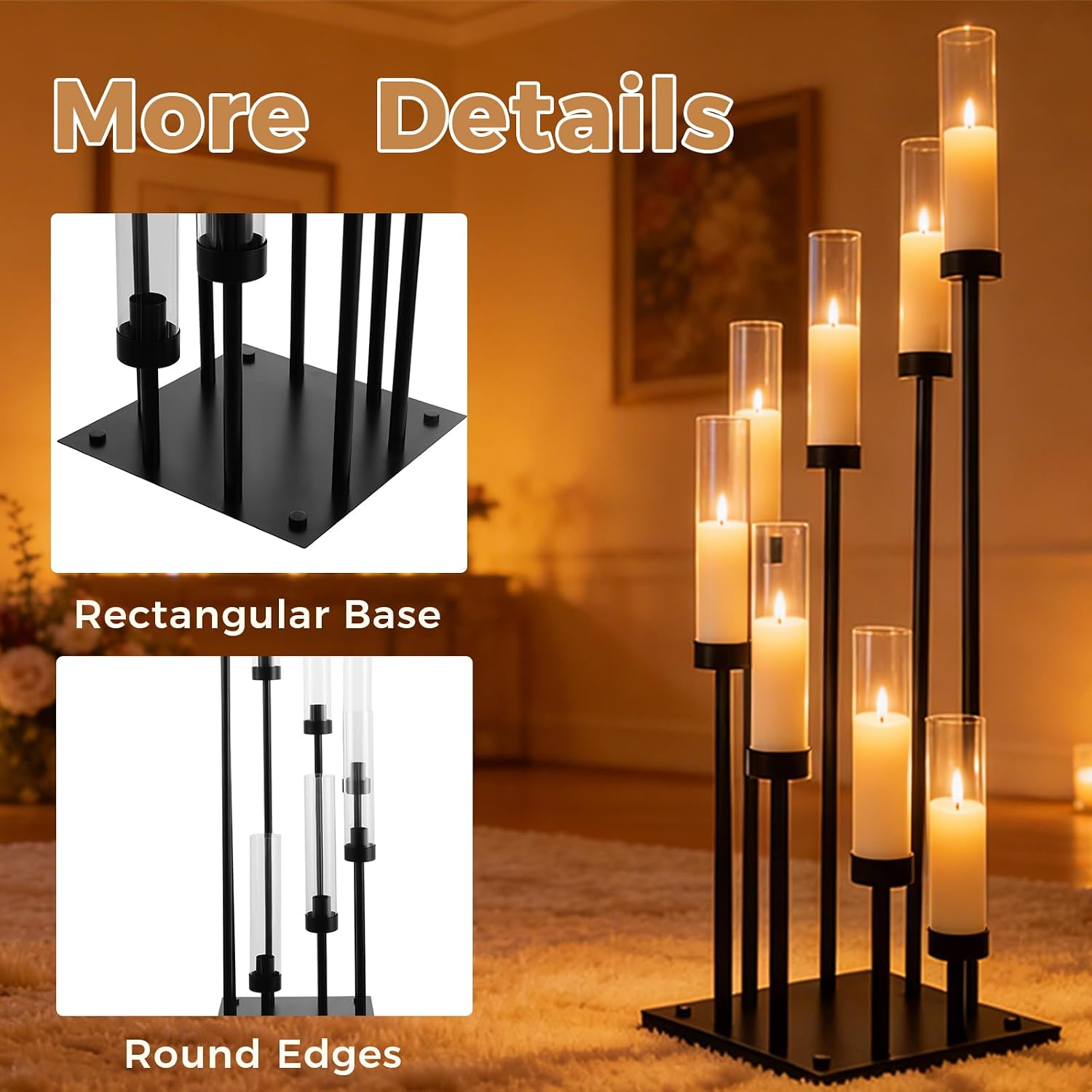 2 Pack Floor Candelabra Centerpieces 8 Arms Floor Candle Holder with Acrylic Shade Pillar, Metal Black Candelabra Centerpieces for Wedding Dinner Party Decoration