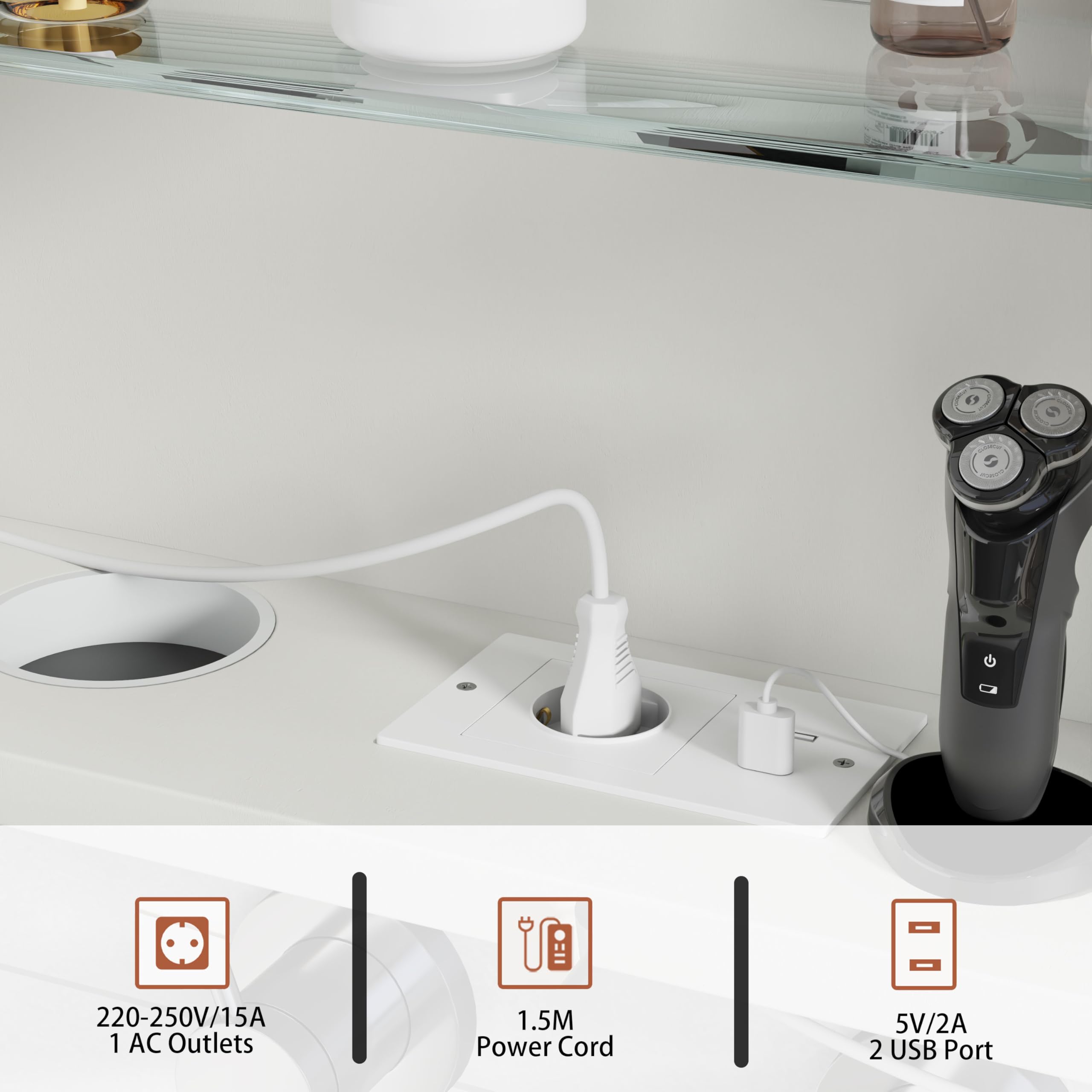 Specchio Bagno Contenitore con 3 Colori Luce e 1 AC/2 USB, Armadio Specchio Bagno con Deumidificazione con 1 Tocco e Funzione di Memoria(Oro Bianco)