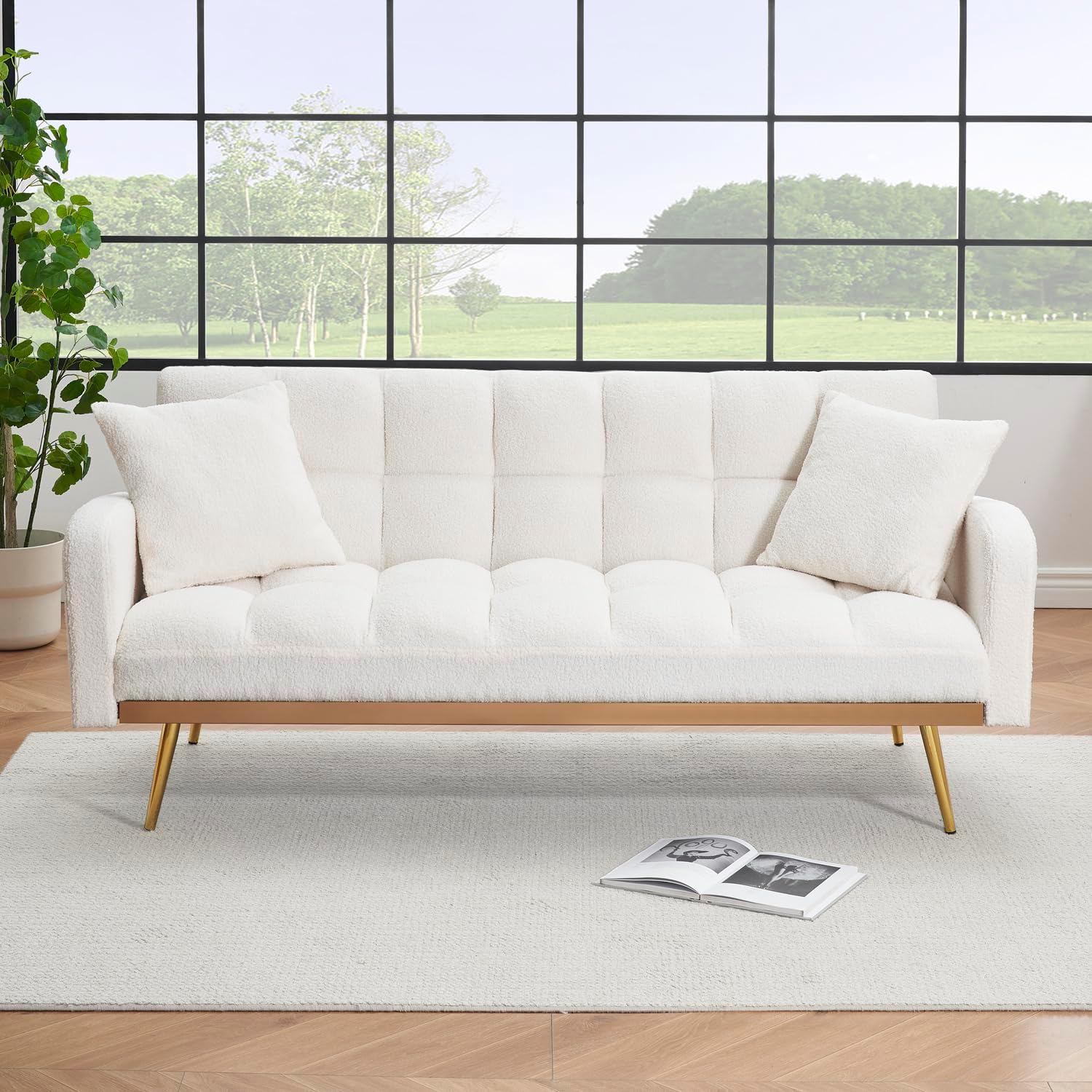 69 Inch Futon Sofa Bed with 3 Adjustable Positions, Teddy Sofa Loveseat with 2 Decorative Pillows, Modern Upholstered Convertible Couch for Small Space Living Room ，Bedroom and Office (Pink)
