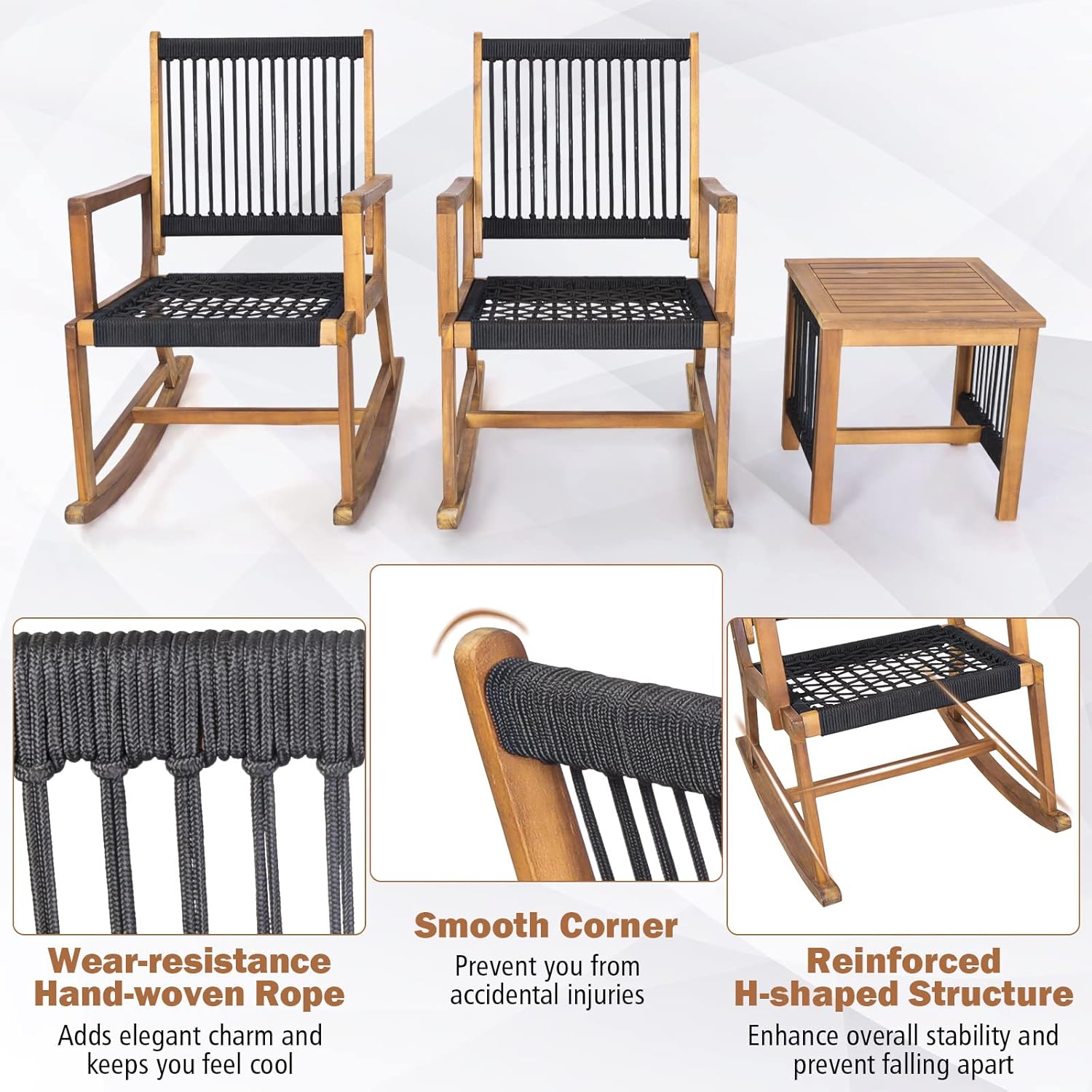 HAPPYGRILL Acacia Wood Rocking Bistro Set, 3 Piece Patio Bistro Set with Coffee Table, All-Weather Wooden Conversation Set Rocker Bistro Outdoor Furniture Set for Porch Poolside Balcony