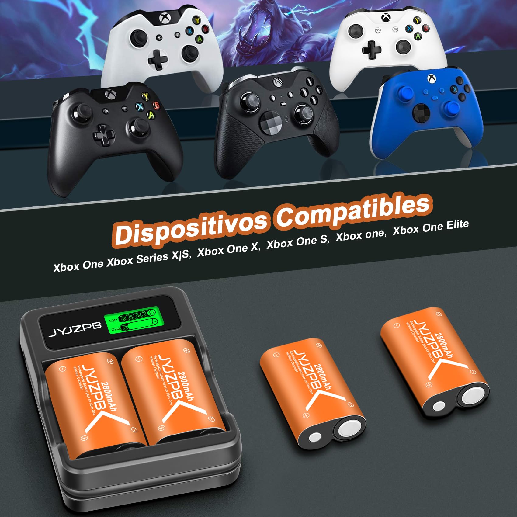 JYJZPB Batería Recargable Kit para Xbox Serie S/X, 4X 2800mAh Xbox One Mando Batería y Cargador Paquete para Xbox One/Xbox Serie S/X Elite, 2.5H Carga Rápida