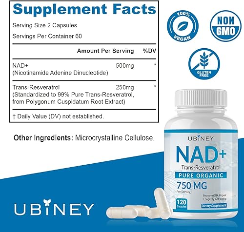 Miniatura 2 de Suplemento NAD+ de 750 mg con resveratrol de ribósido de nicotinamida, 120 cápsulas, apoyo celular orgánico NAD+ para mujeres, impulso de energía,