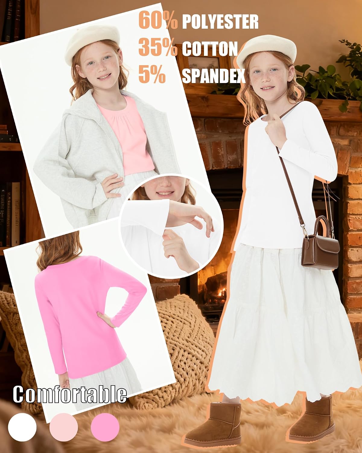 3 Packs Girls Long Sleeve Thermal Shirts Round Neck Fleece Lined Tops Base Layer Soft Basic Tees Warm Plain Clothes