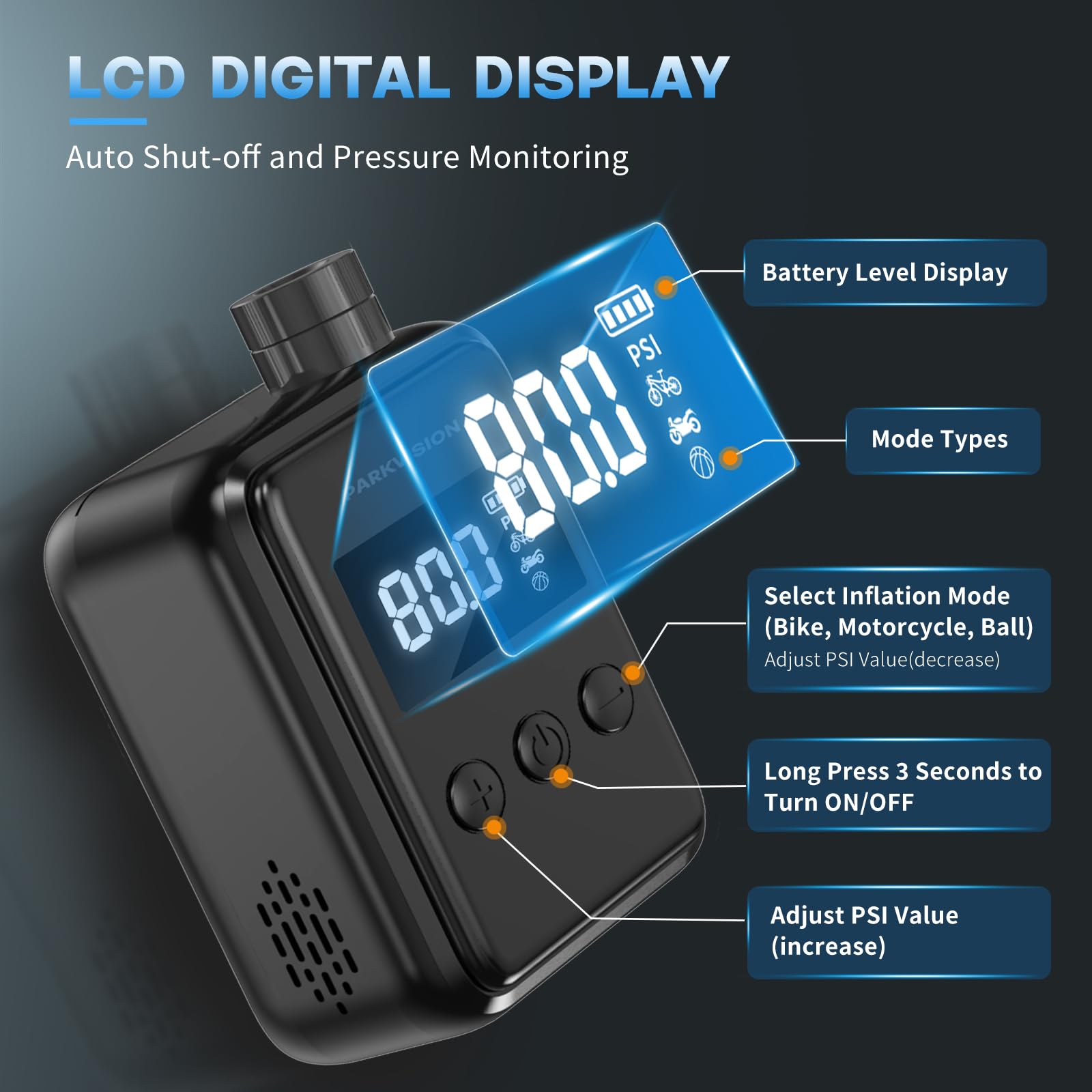 Mini Pompe à Vélo électrique 120 PSI - Manomètre LCD, Rechargeable USB-C