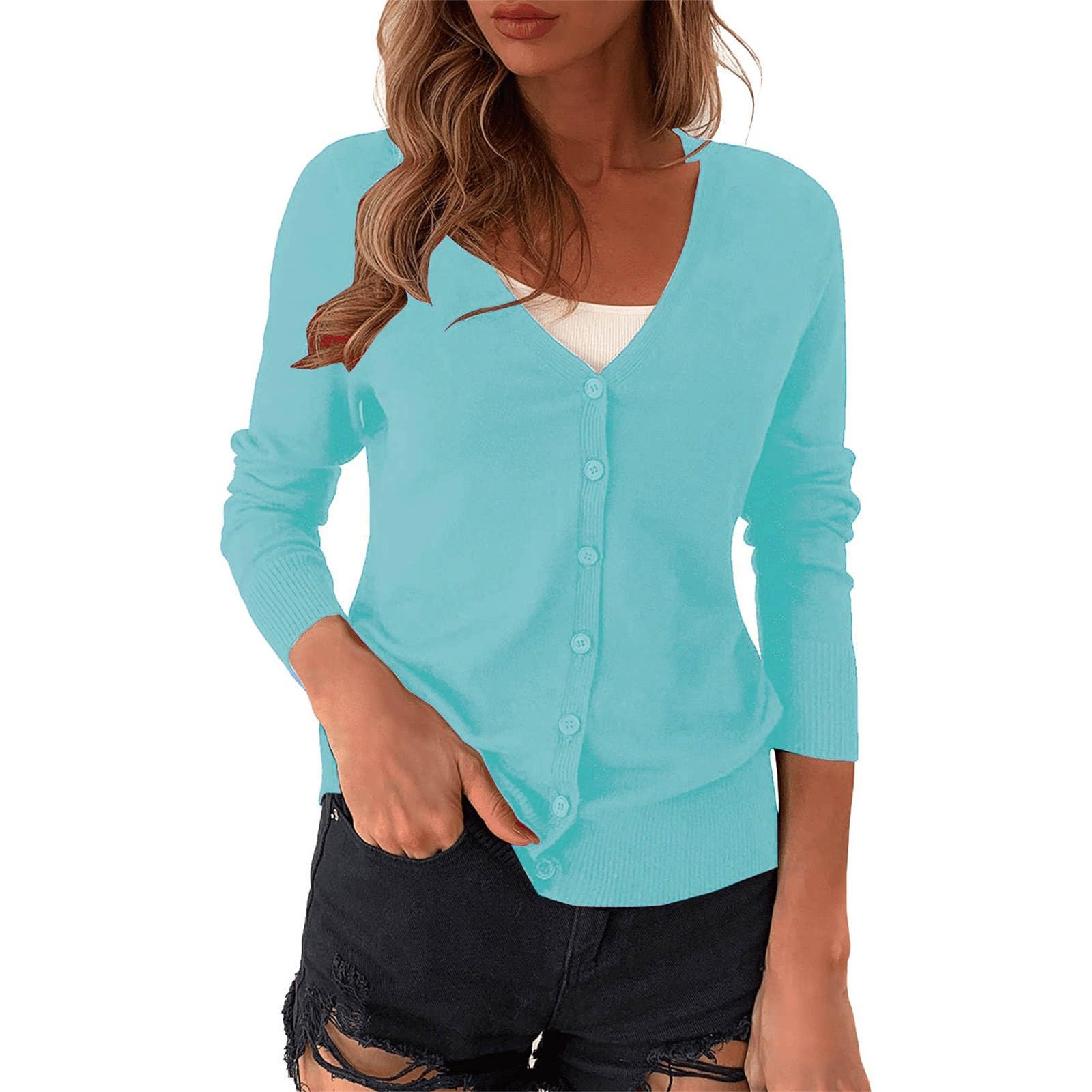 Generisch Cardigans para mujer elegante e informal bolero para tops vestido cárdigan de verano manga larga suéter de punto estrecho transpirable con botones chaqueta camisa con cuello en V ligero