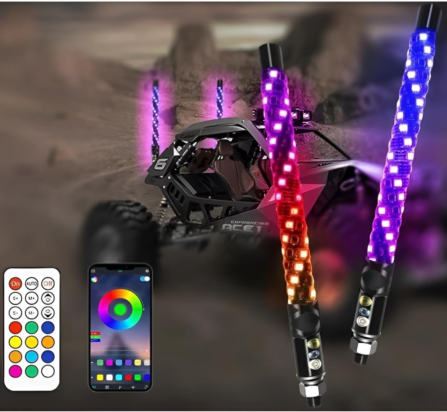 2 Pack 3FT Whip Lights, LED Whip Light with App & Remote Control, Spiral RGB Chasing Lighted Antenna Whips, Whip Light for UTV ATV RZR SXS Can-Am Dune Buggy Offroad Truck (3FT) — view 12