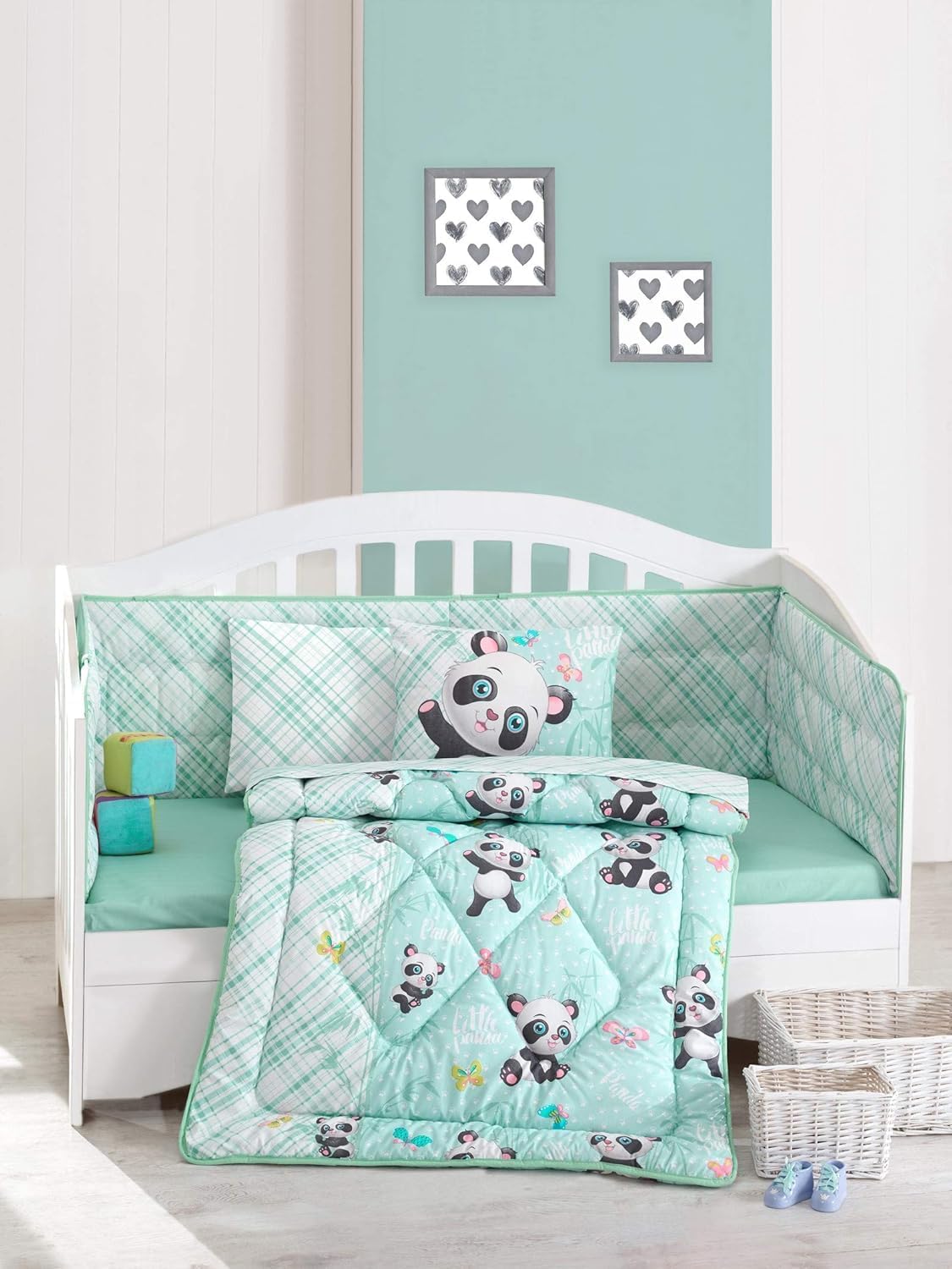 Cute Panda Bedding Set - 100% Cotton Nursery Crib Set for Girls Boys Unisex, 6 Pieces Baby Comforter/Quilt Set, Comforter, Crib Sheet, Pillowcases,