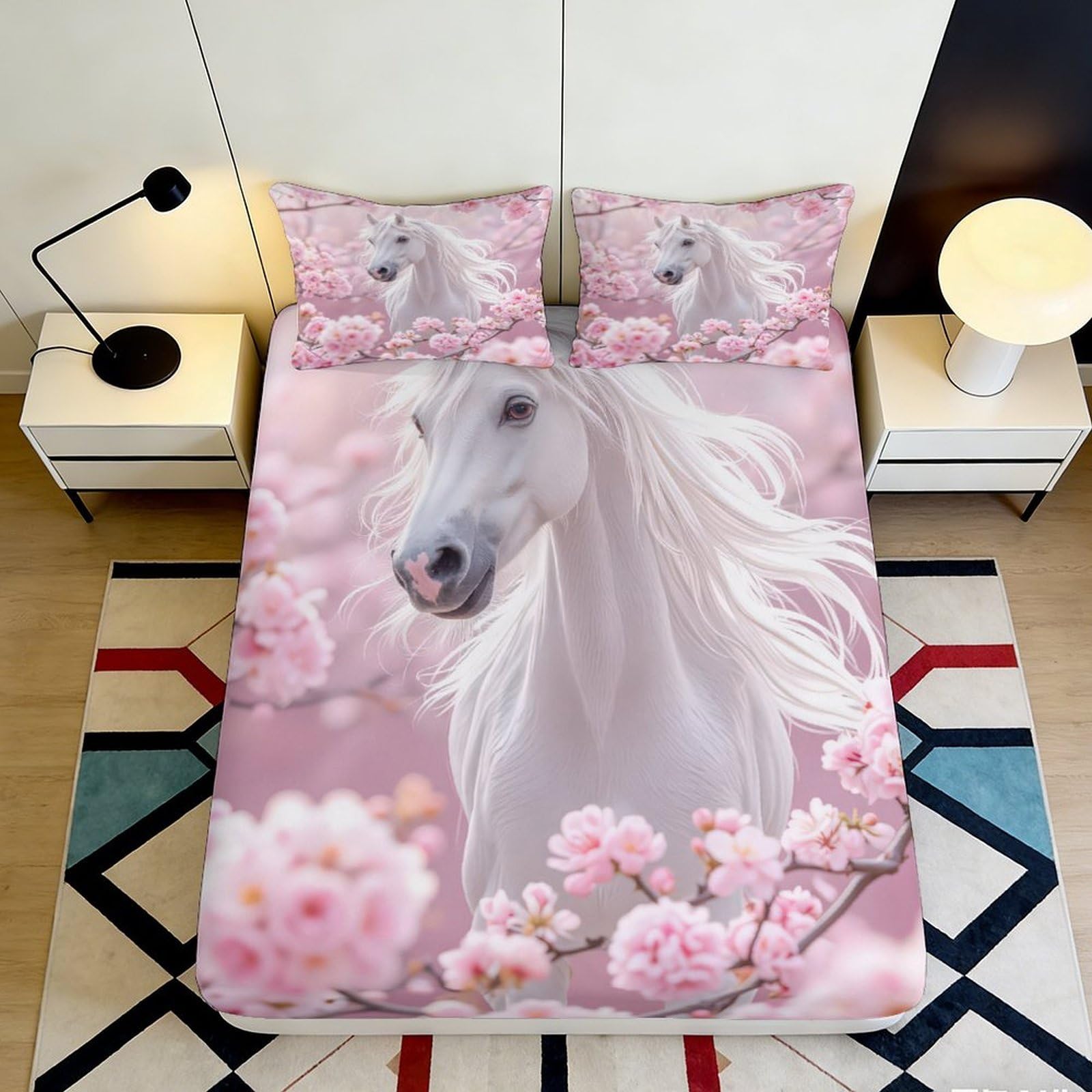 3D Printed White Horse Sakura Fitted Sheet Microfiber Soft Pink Blossom Bed Cover for Bedroom Dorm Guest Room 90x200x25cm