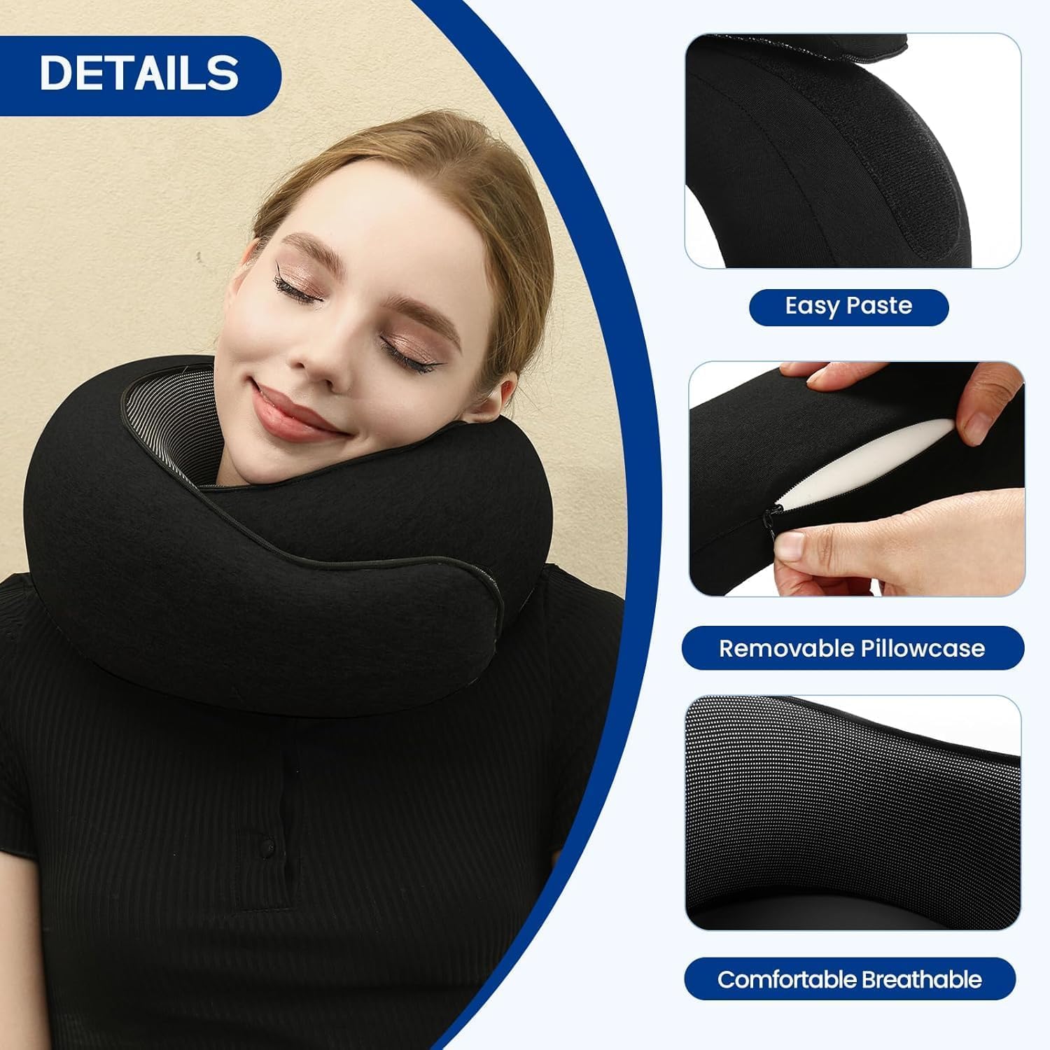 CloudBliss Travel Neck Pillow – Memory Foam Ergonomic Neck Support Pillow for Travel, Adjustable Strap, Washable Cover, Comfortable for Flights, Car, and Long Journeys (Black) 4