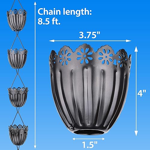 Miniatura 7 de Rain Chains Pacific - Cadena de lluvia de flores estriadas de 8.5 pies - Aluminio con recubrimiento en polvo negro - Reemplazo funcional y