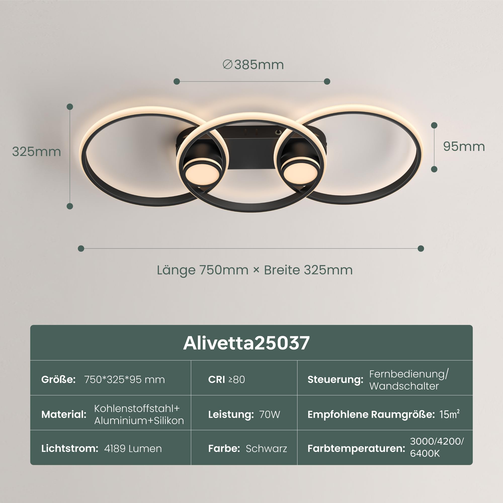 Mai & Mai Plafón LED Negro 70W con Mando a Distancia, 750×325×95 mm, Temperatura Ajustable 3000K–6400K, Estilo Moderno, Acero al Carbono, Aluminio y Silicona, Nuvora02