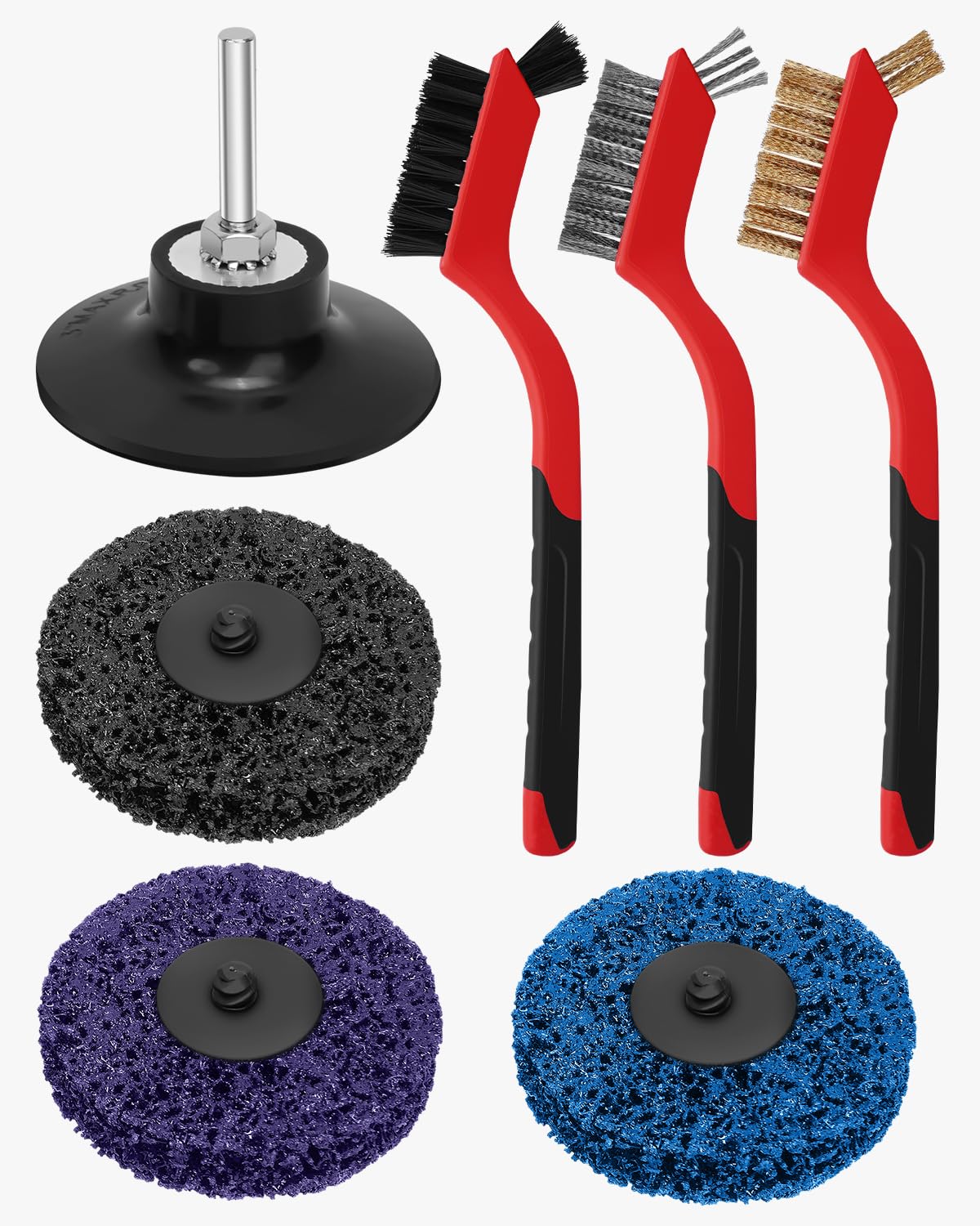 Kit de fijación de lijado de taladro de 75 mm - 3 discos de molienda (negro, morado, azul) + bandeja de cambio rápido + 3 cepillos (inoxidable, latón, nailon) - Herramienta pelacintas para