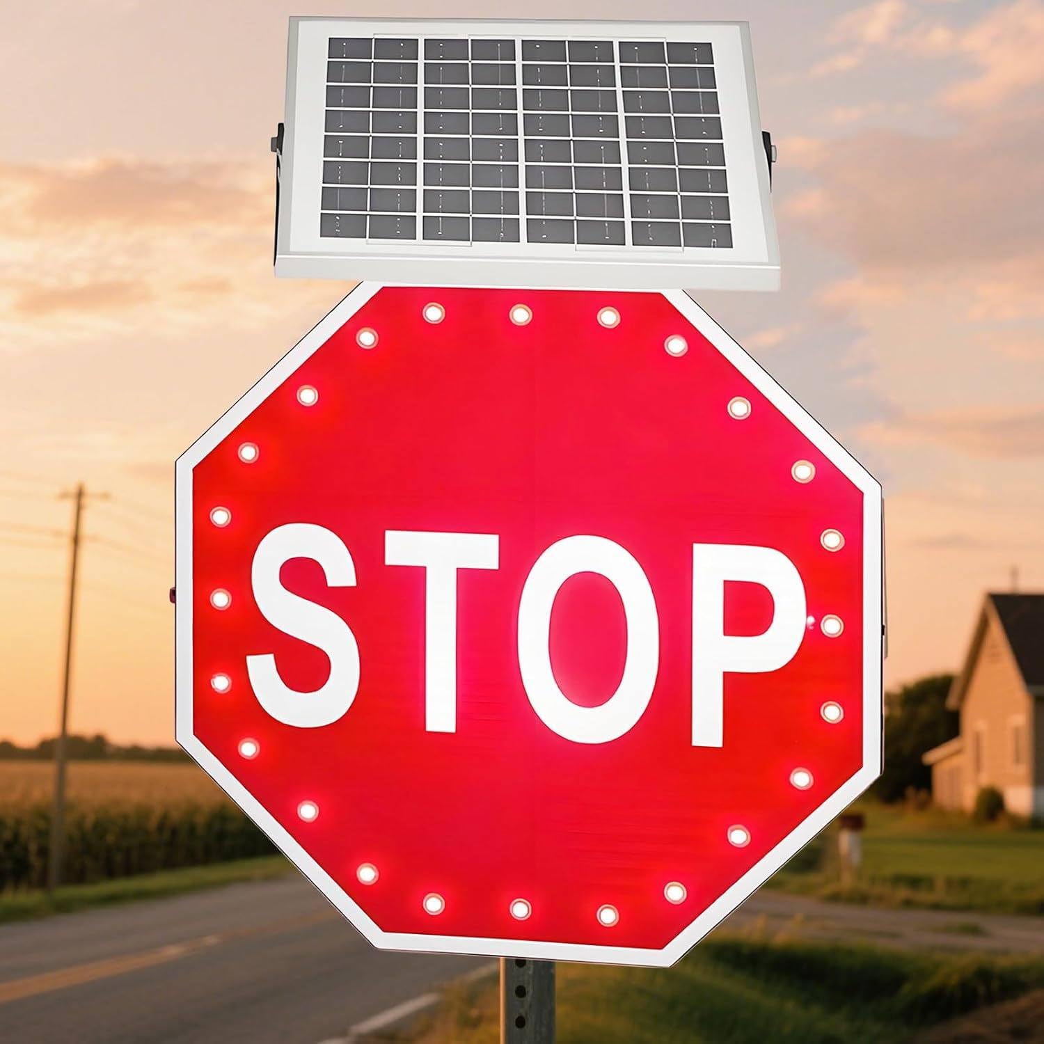 Señal Stop Solar con Parpadeo 24/7 o del Anochecer al Amanecer | Para vías privadas, aparcamientos, patios industriales, entradas escolares y obras; revise la normativa local