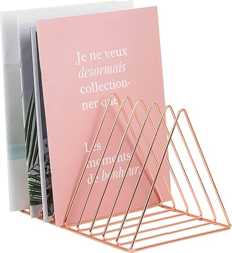 ESAEPRES - Soporte para revistas de oro rosa, organizador clasificador de archivos de escritorio, triángulo, 9 ranuras, estante de almacenamiento