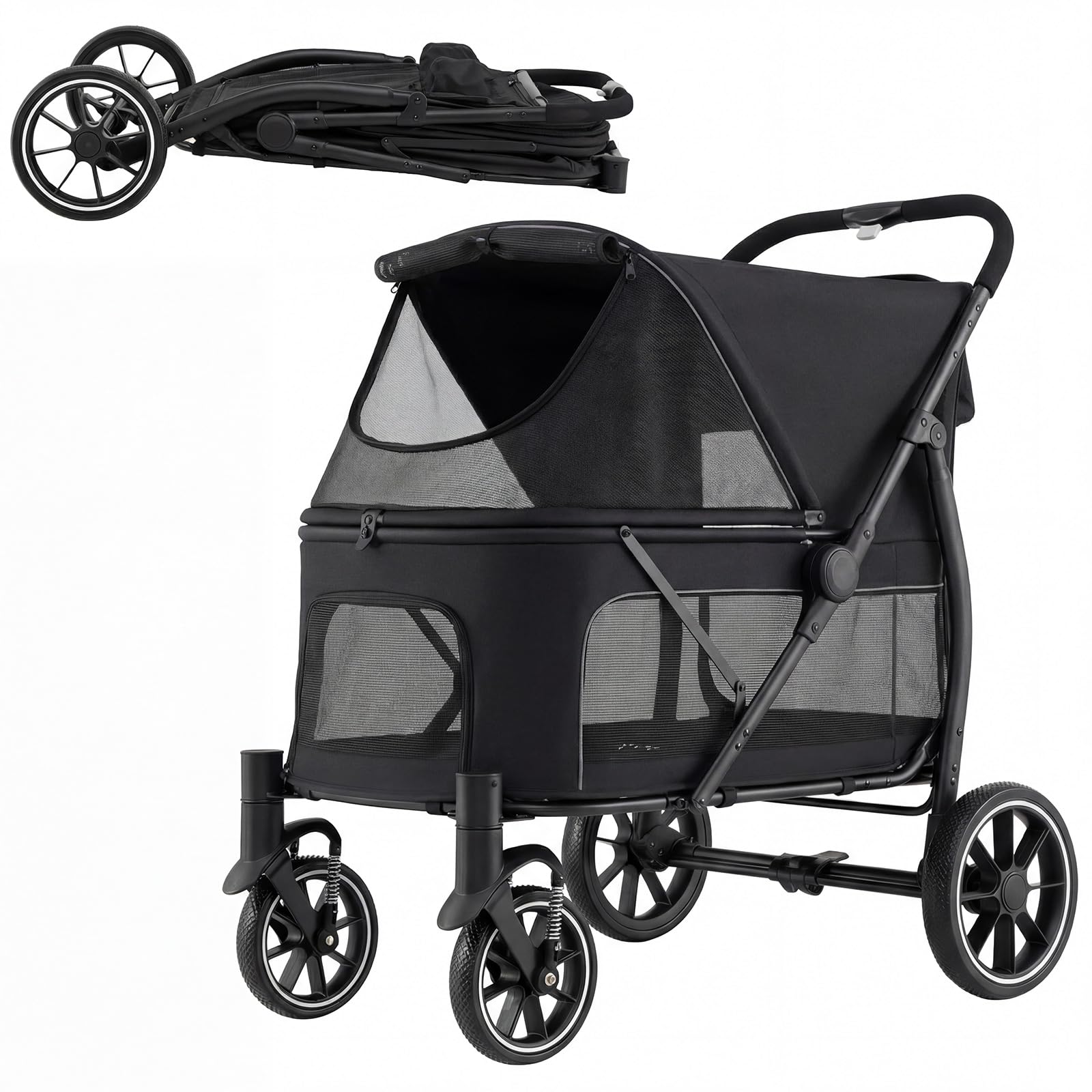 COSTWAY Large Folding Dog Stroller, Pet Stroller with Wheels, Adjustable Mesh Canopy, Storage Pockets and Safety Belt, Load 40 kg, 96 x 71 x 102.5 cm (Black)