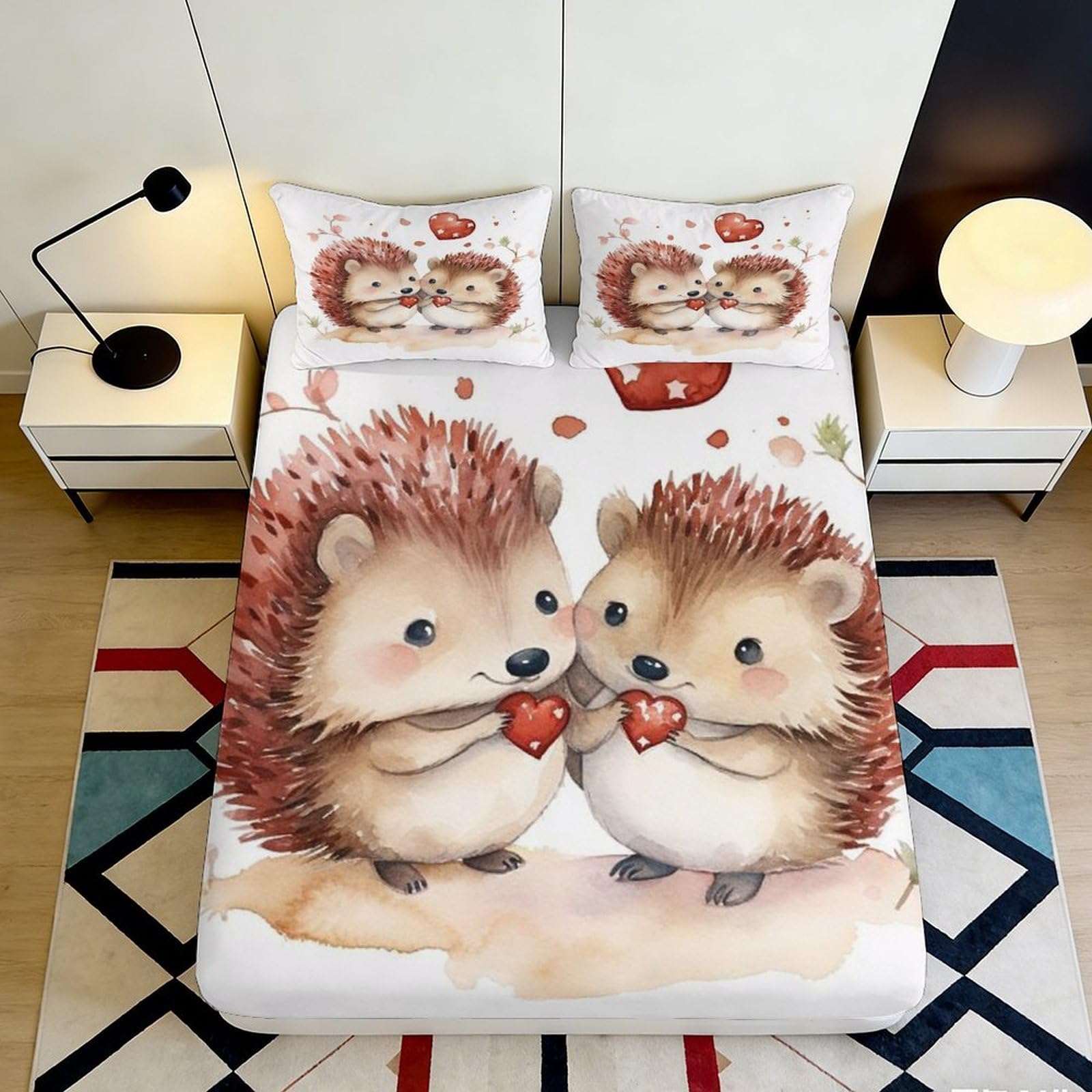 3D Printed Cute Hedgehog Fitted Sheet Microfiber Deep Pocket Bedroom Bedding Set Full Wrap Non-Slip Hedgehog Mattress Fitted Cover Washable 200x200x25cm 90x200x25cm