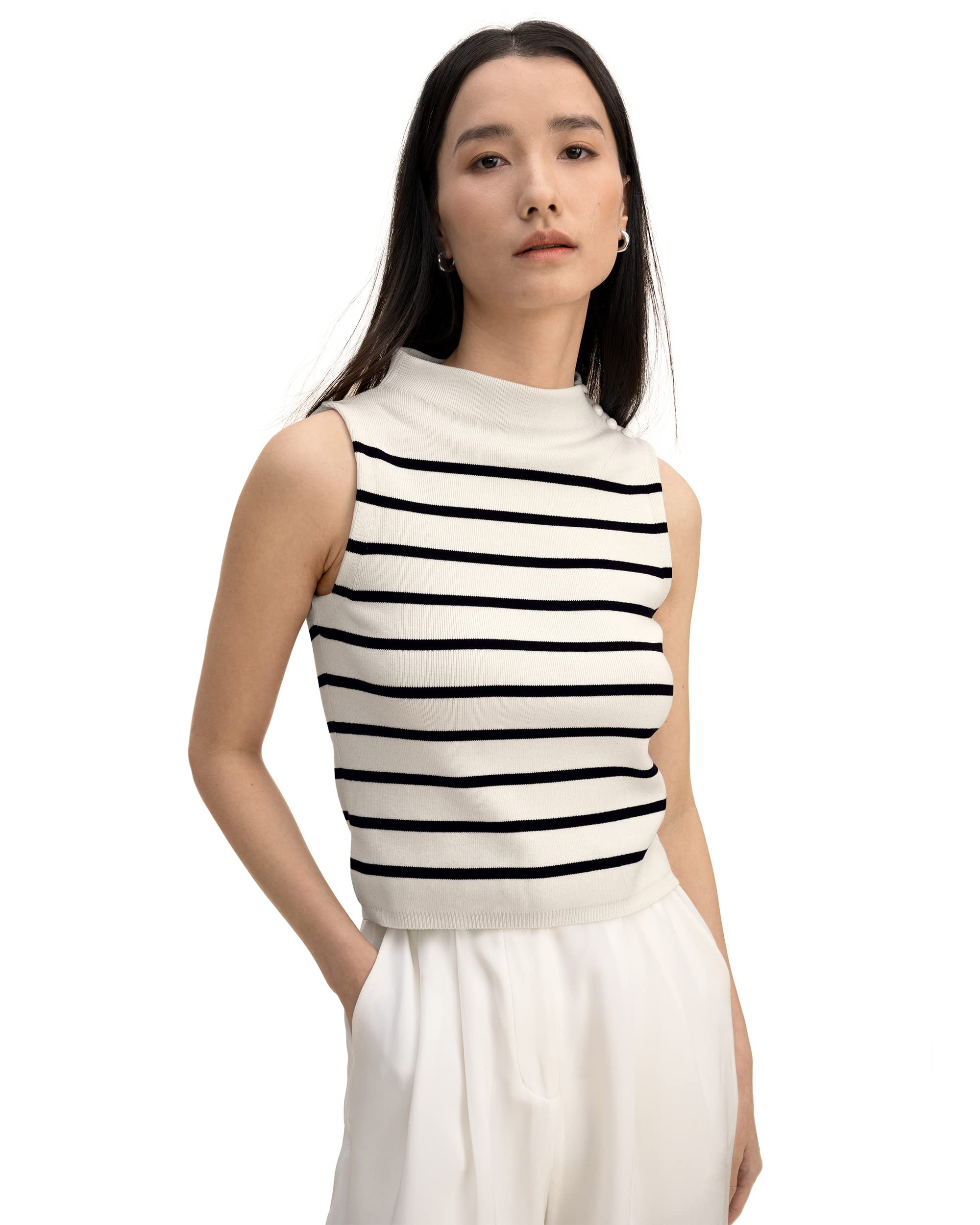 LilySilk Damen Seide gestrickte Top Frauen Schwarze Streifen ärmellose Bluse Mädchen Cooles stilvolles High Neck Shirt für Sommer einfache Match