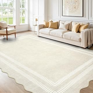 Washable 6x9 Area Rugs for Living Room, Solid Ivory Ultra-Thin Bedroom Rug Non-Slip Dining Room Rugs, Soft Scalloped Carpet for Nursery Kids Room Office