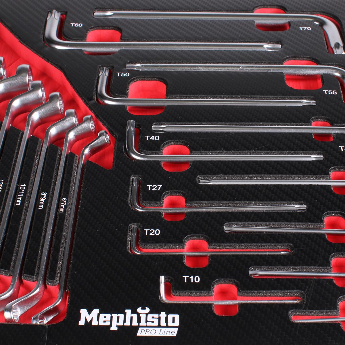 Mephisto Set di attrezzi per carrello da officina Pro Line con chiave a esagono incassato, set di chiavi ad anello, Soft Inlay in effetto carbonio metrico