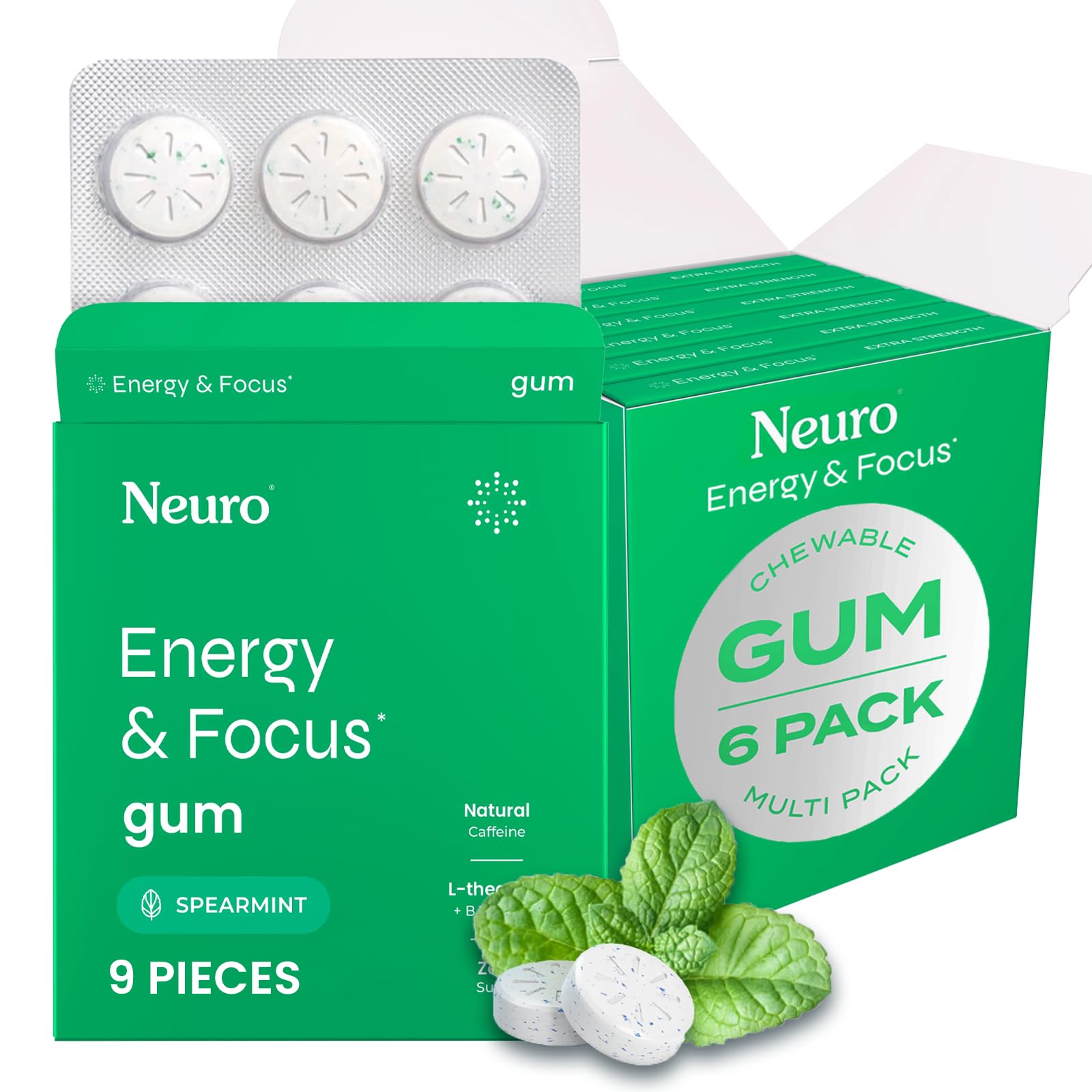 NeuroGumEnergy & Focus Gum (54 Count-6 Pack, Spearmint) | 40mg Natural Caffeine + L-Theanine + Vitamin B12 & B6 + Xylitol | Sugar Free Nootropic Cognitive Brain Performance Supplement
