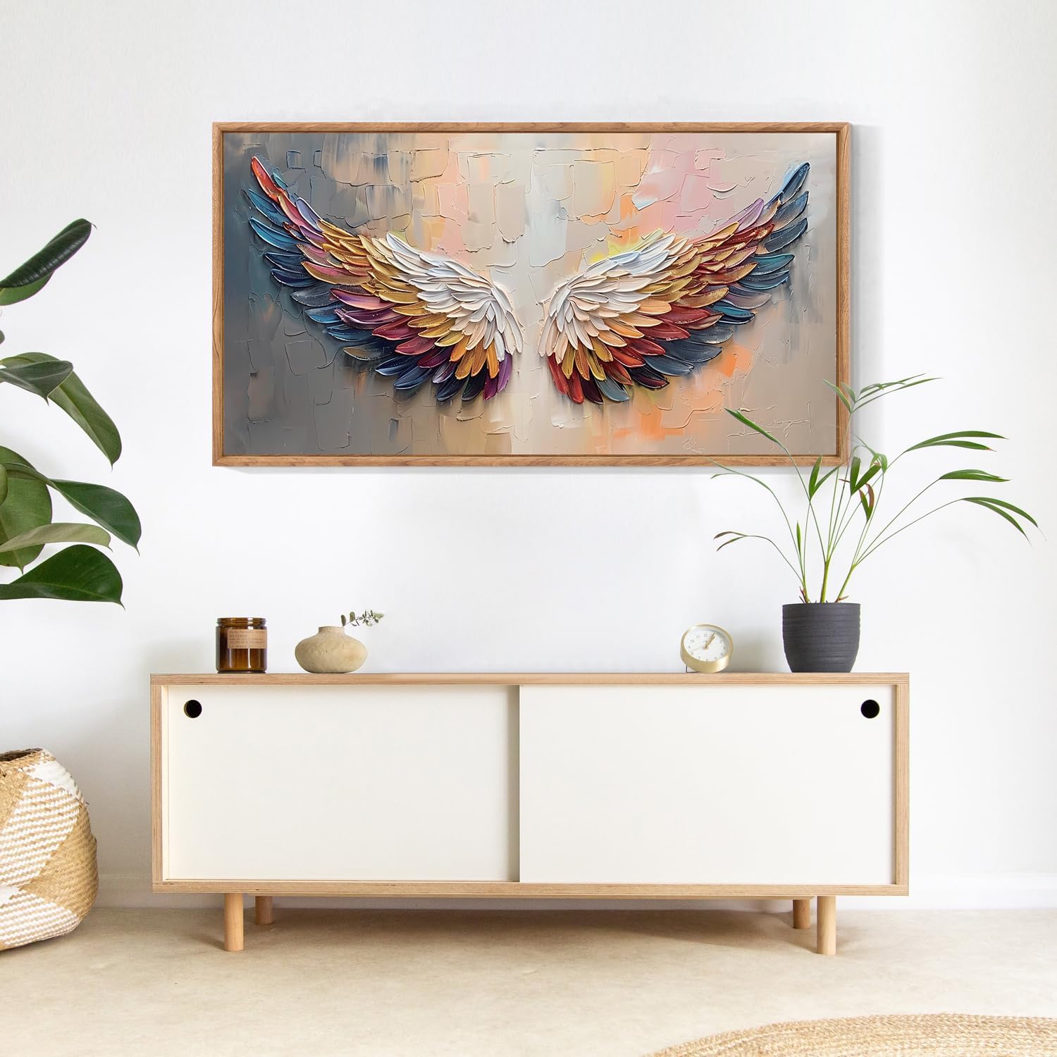 Aurlan Angel Wings Framed Wall Decor(40"x20"), Large Abstract Colorful Feather Oil Painting Canvas Artwork, Modern Contemporary Inspirational Wall Art for Living Room Bedroom