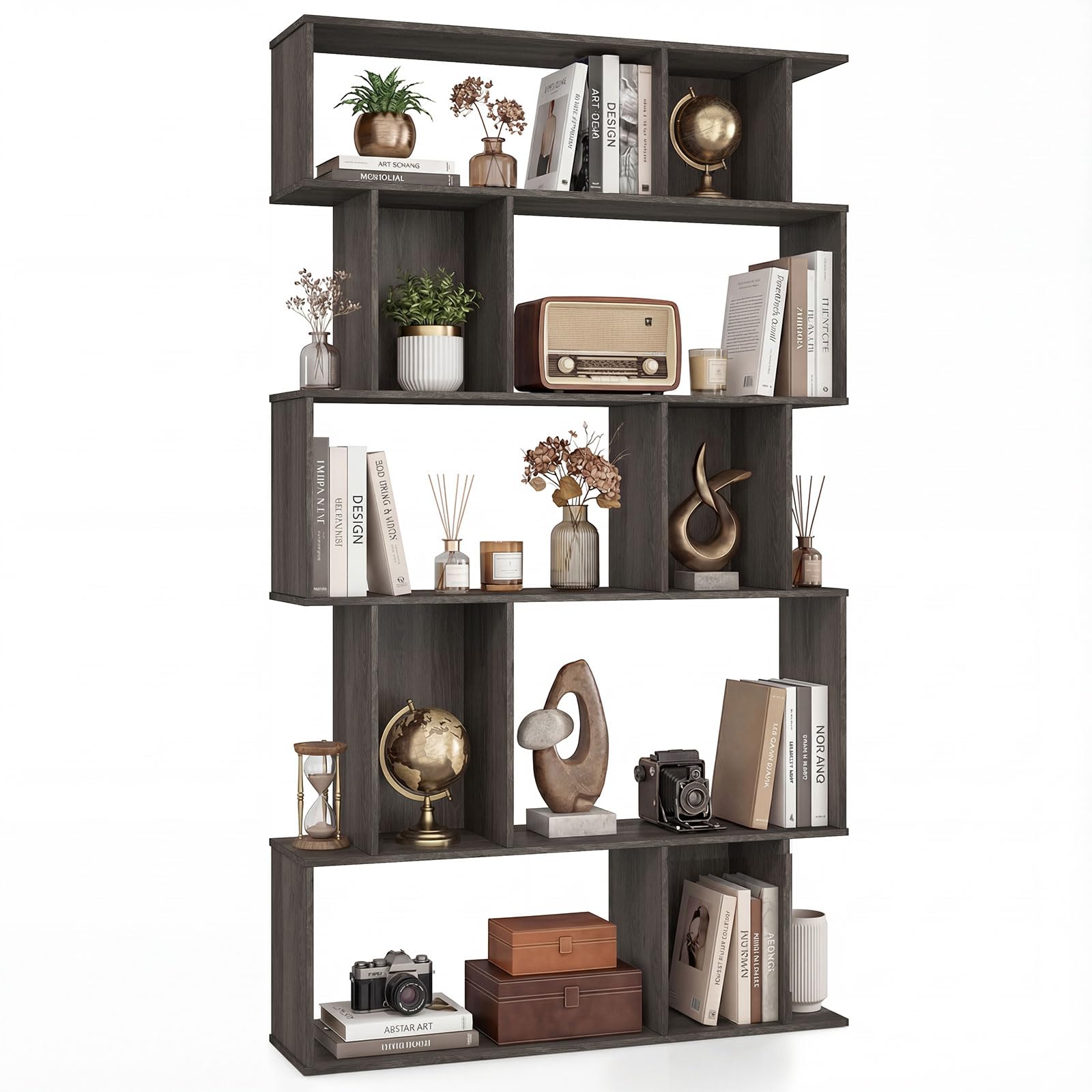 CASART 5/6 Tier Wooden Bookcase (Grey Oak, 90x22x158cm)