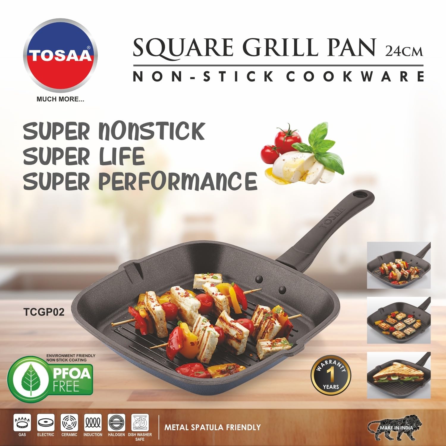 Tosaa Non-Stick Aluminium Gas Compatible Grill Pan, 24 cm, Marble Grey 2