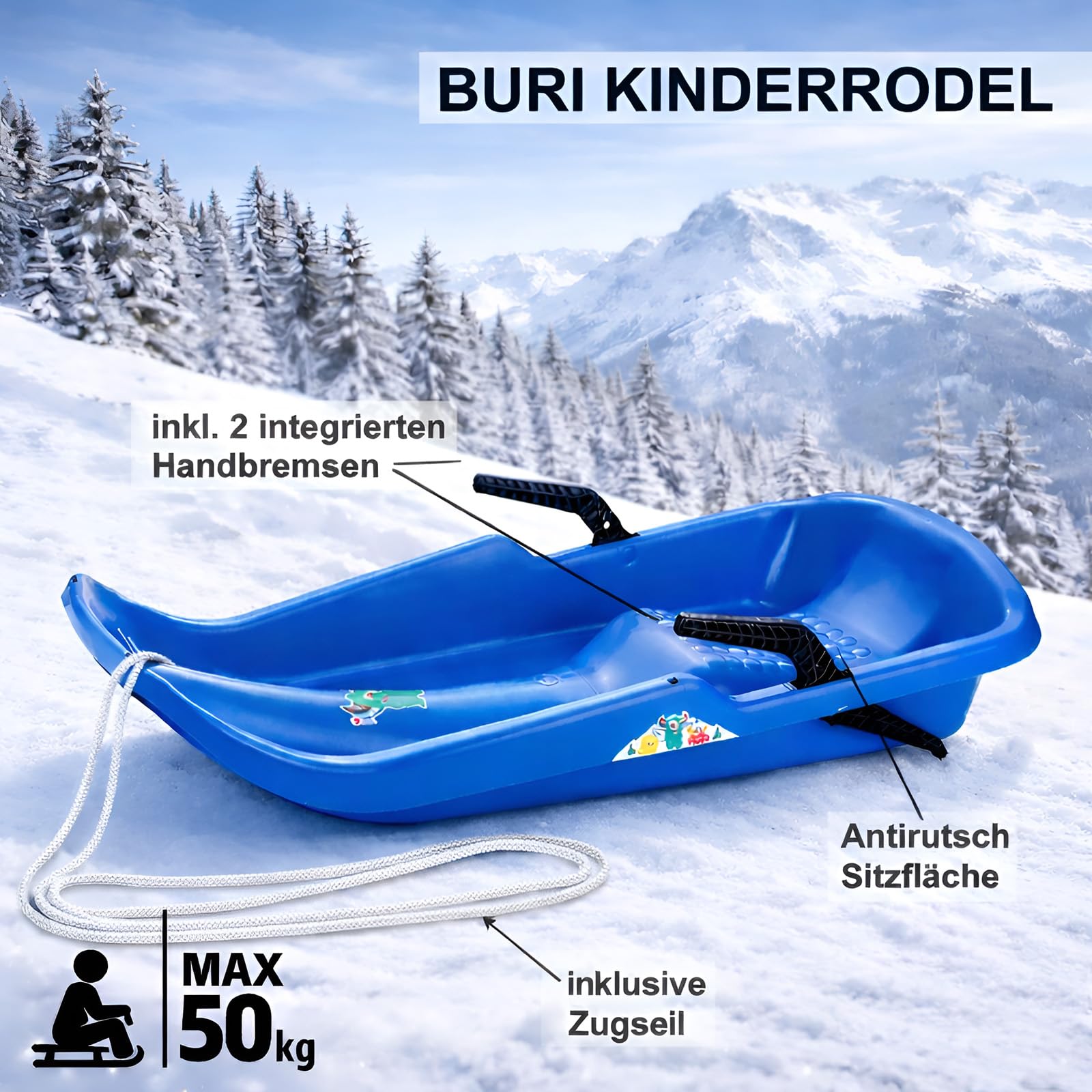 Schlitten Twister mit Bremsen aus Kunststoff 80x39x15 cm – Kinderrodel mit Antirutsch-Sitz, leicht lenkbar, bis 50 kg belastbar, sicherer Bob ab 3 Jahren