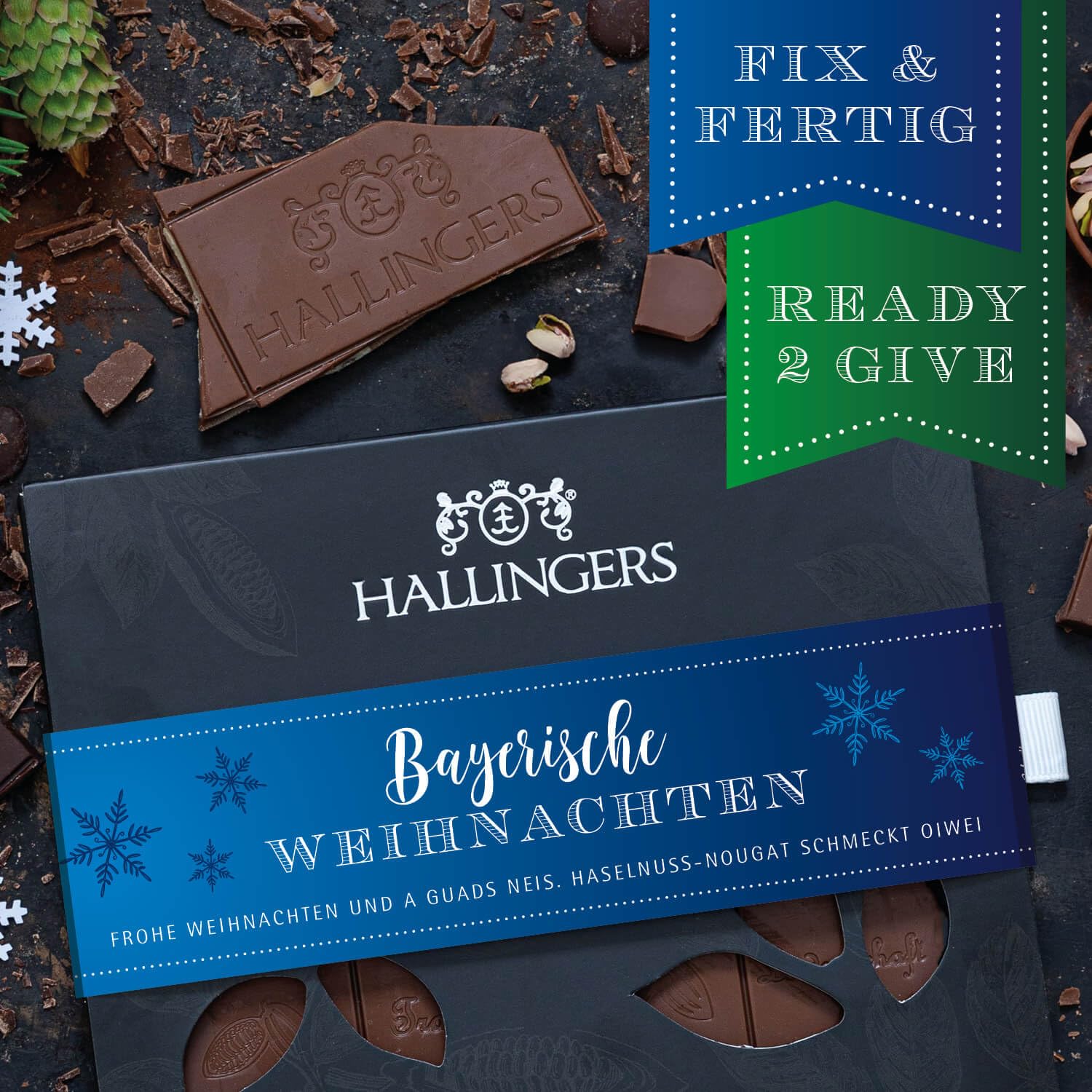 Hallingers Genuss Manufaktur Schokolade Weihnachts-Geschenk - Tafel Edelkakao handgeschöpft ohne Alkohol edler Karton 10x "Bayerische Weih..." Haselnuss, Weihnachten für Frauen Männer