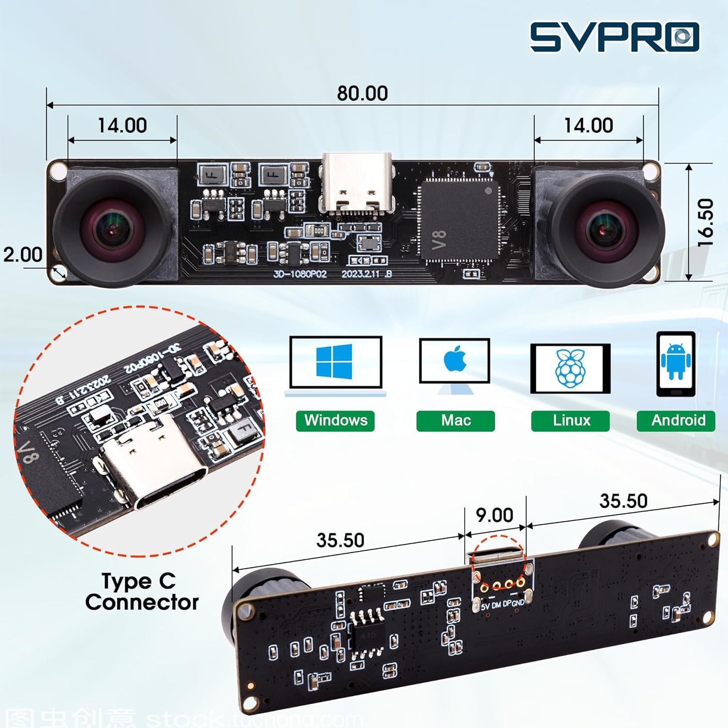 SVPRO 1080P 60FPS USB Camera Module with Dual M12 Lens Sync 3840x1080 UVC Computer Vision 3D Stereo Camera for Face Recognition VR Biometrics and Robotics