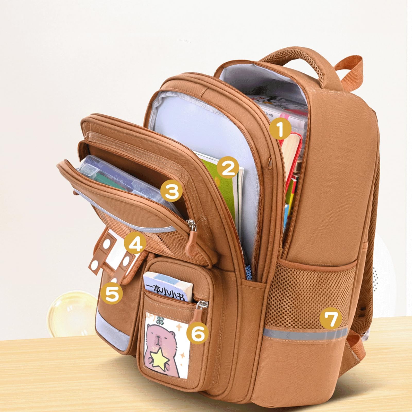 Zaino Trolley Scuola Elementare Motivo Capibara 12 Pezzi Zaino Scolastico Smontabile Riflettente Resistente All'Acqua Per Bambini Bambine Classi 2-6 (Marrone)