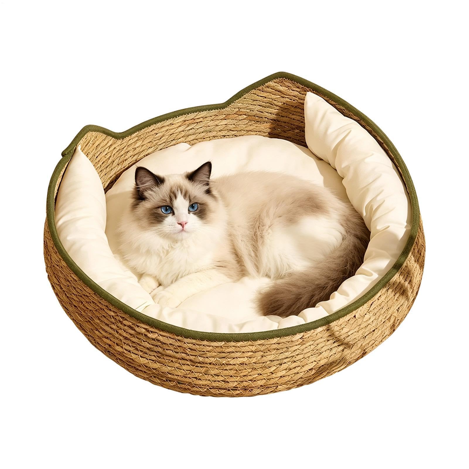 Yqooup Cotton Rope Woven Cat Bed Nest Round Washable Breathable Cat Basket