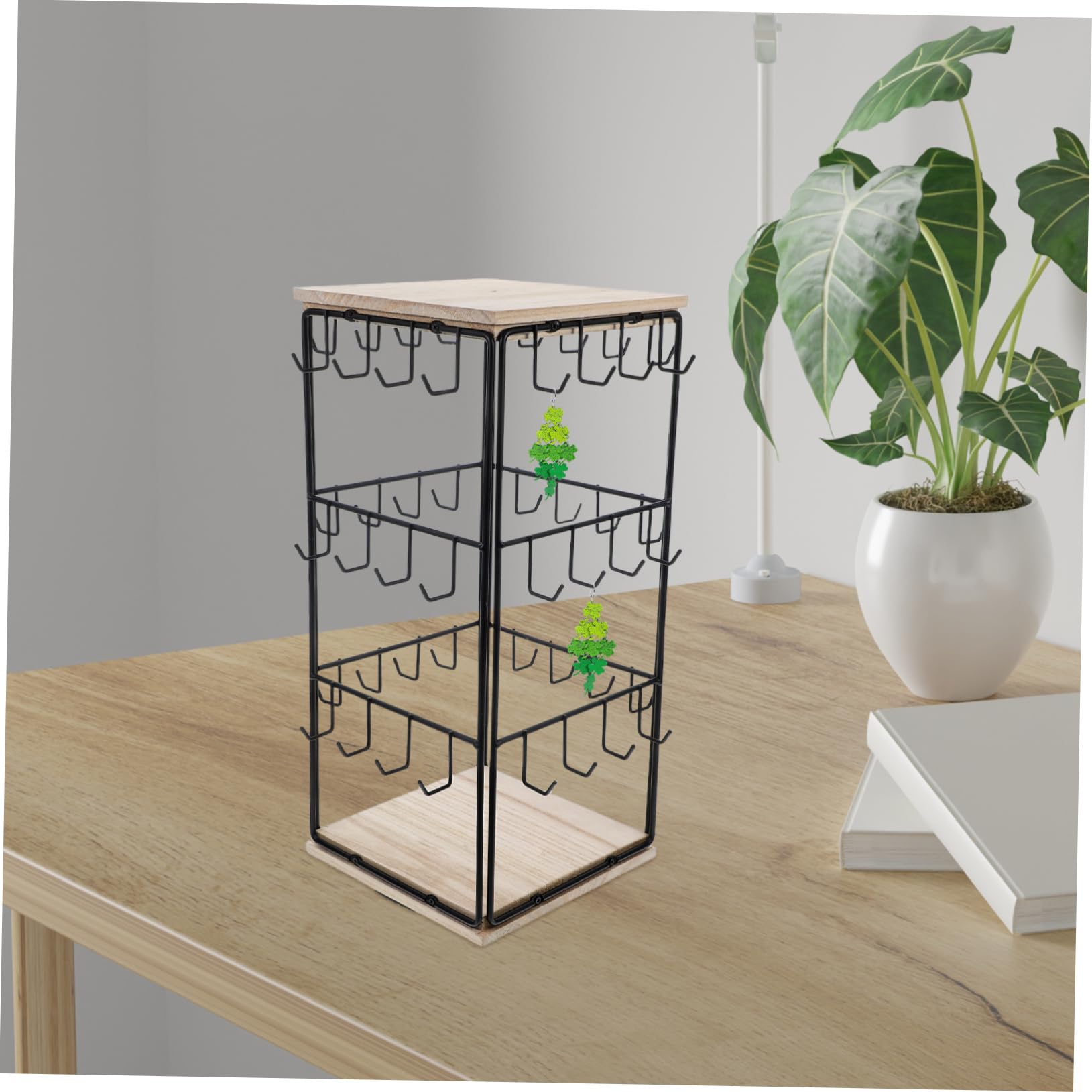 GLEAVI Schmuckständer aus Eisen und Holz mit Haken Multifunktionaler Ohrringhalter Organizer und Platzsparendes Aufbewahrungsdisplay für Ringe und Ohrringe im Minimalistischen Turm