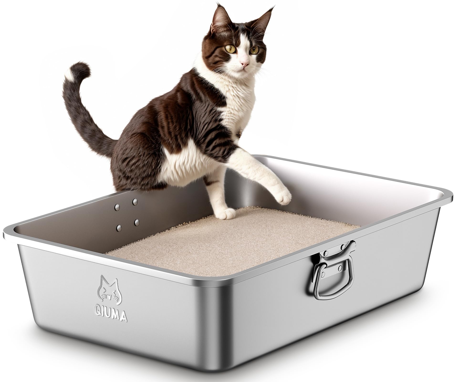 Qiuma Stainless Steel Metal Litter Box with Handle, Extra Large Cat Litter Box with High Sides, Odor-Free, Non-Stick, Easy to Clean, 23.4"×15.6"×7.8",
