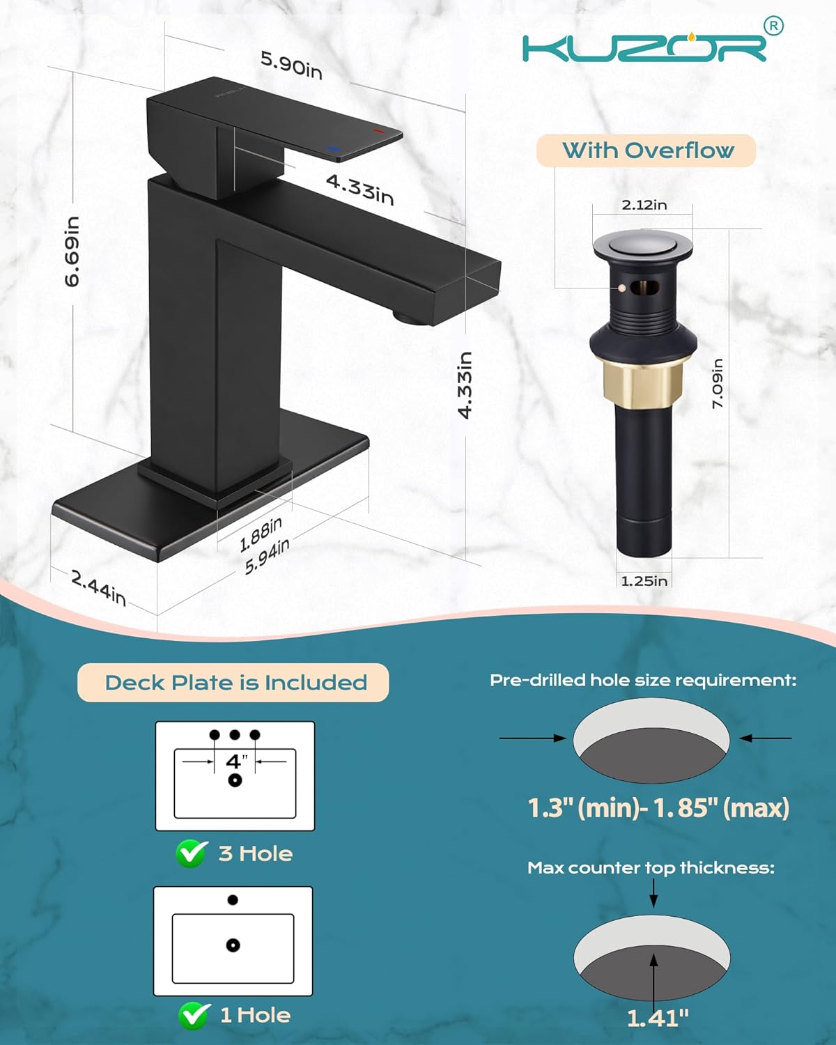 Diagram showing faucet dimensions and sink hole requirements.