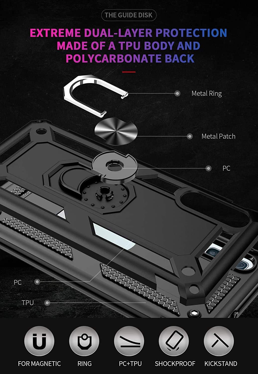 TJS Compatible with Samsung Galaxy A50 2019 Case, with Tempered Glass Screen Protector Metal Ring Magnetic Support Kickstand Heavy Duty Drop Protector Phone Case Cover (Red)