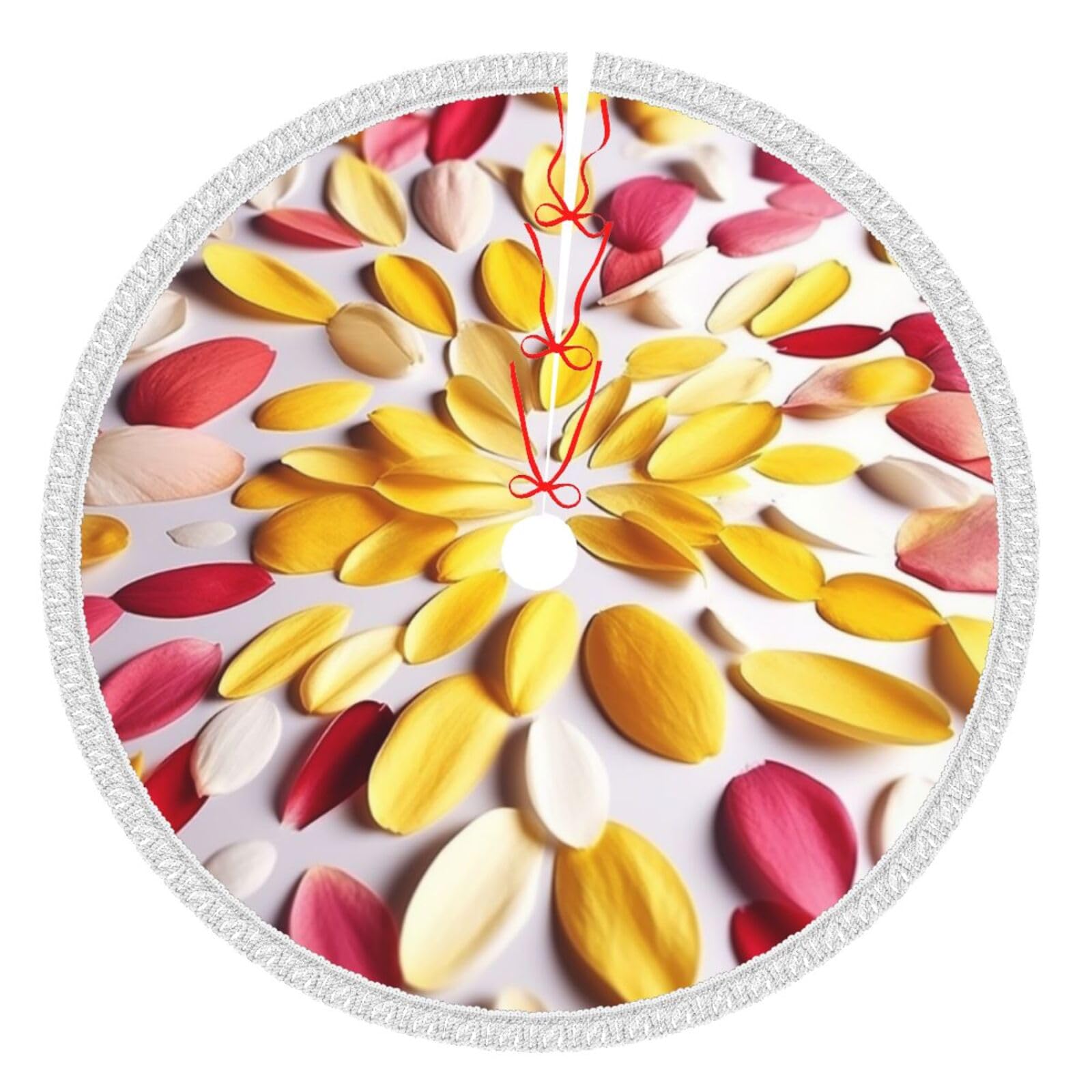 Jupe de sapin de Noël avec pompons imprimé pétales tapis traditionnel doux 122 cm
