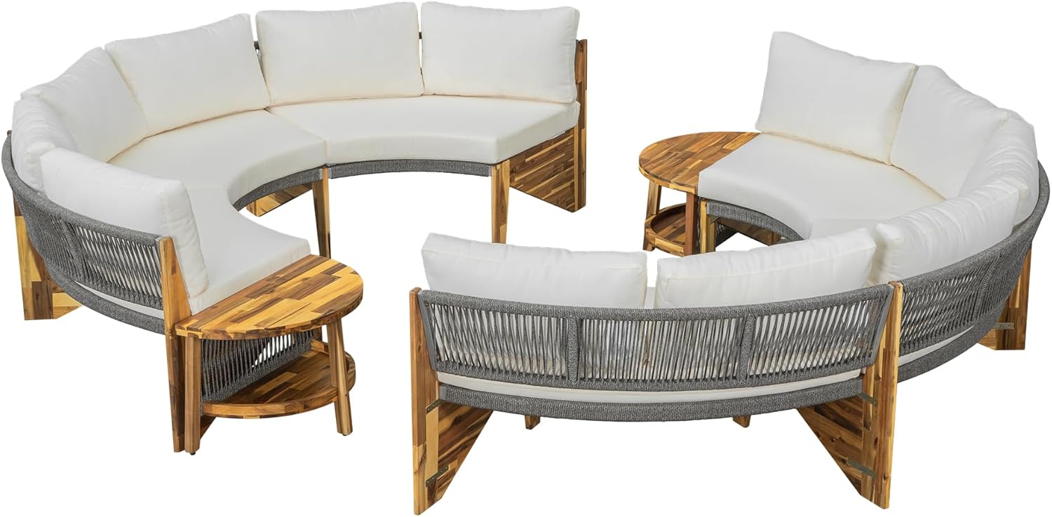 6-Person Outdoor Seating Group with Coffee Table, Half Moon Patio Sectional Sofa Set, All Weather Conversation Sofa Set with Acacia Wood Frame and Thick Cushions for Backyard Poolside (Beige+Acacia)