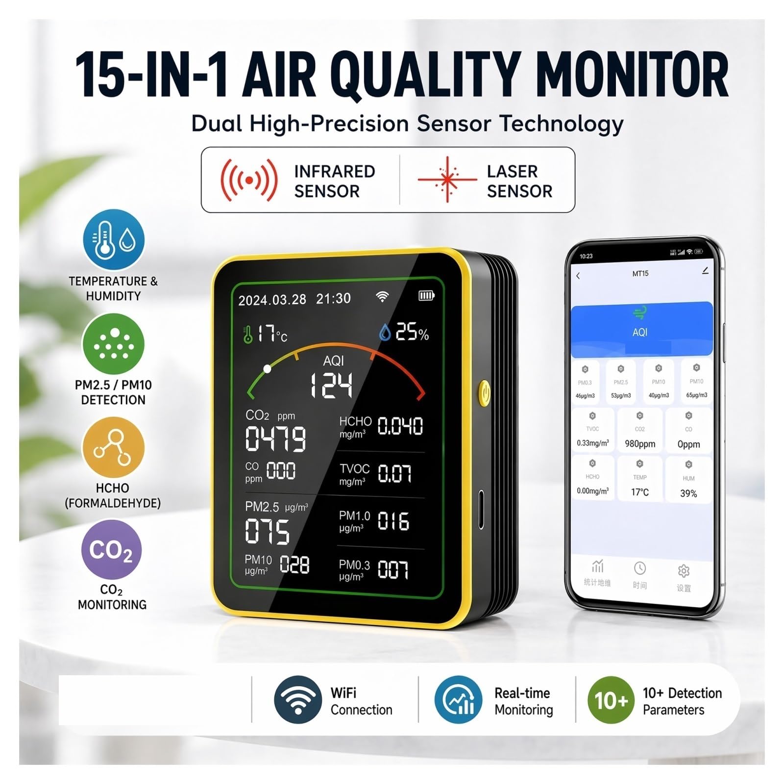 Monitor de calidad del aire, Monitor De Calidad Del Aire WiFi 15 En 1, Detector Gas, Medidor Sensor CO2 PM2.5 Recargable Por USB(MT15 Plus detector B)