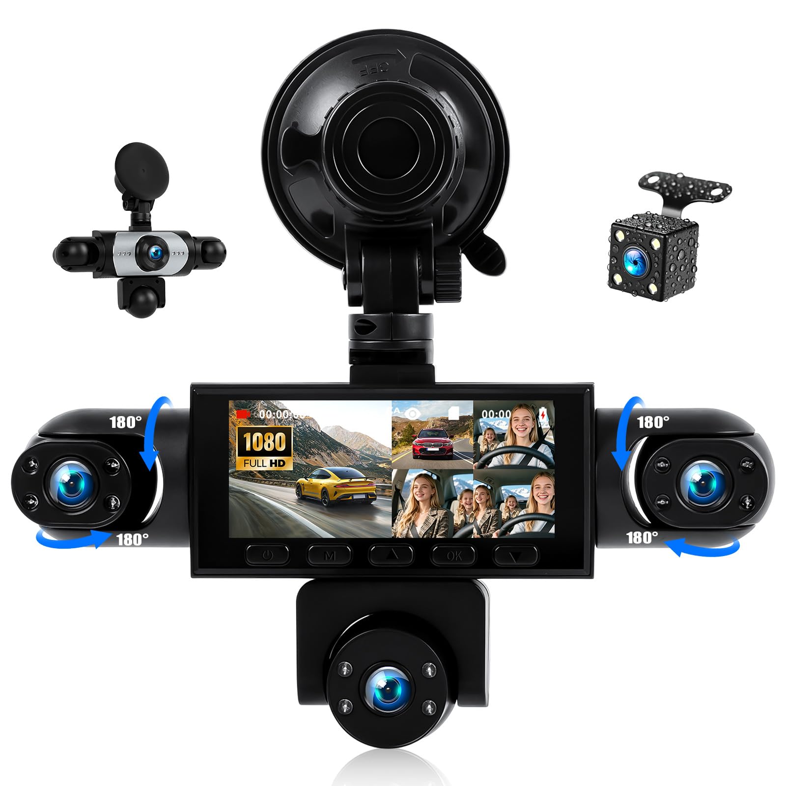 OiLiehu 5 Canales Cámara para Salpicadero 3,16" para Coches, Resolución 1080P + 480P, Cinco Lentes con Grabación en Bucle, G-Sensor, Visión Nocturna, Asistencia Aparcamiento,Detección de Movimiento