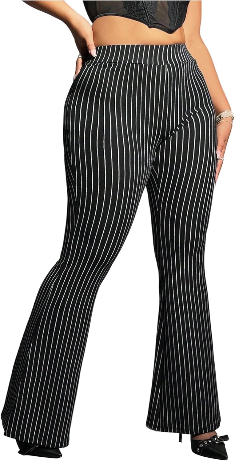 WDIRARA Women's Plus Size Striped Flared Pants Elastic Waist Bell Bottom Trousers