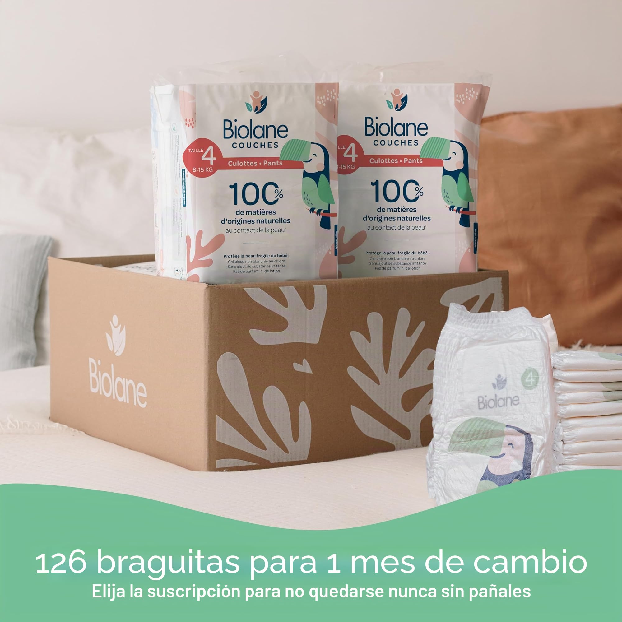 BIOLANE – Pañales – Talla 4 (8-15 kg) – Cero fugas durante 12 h – Pack 1 mes – 126 capas para pantalones – Eco-responsable – Fabricado en Francia