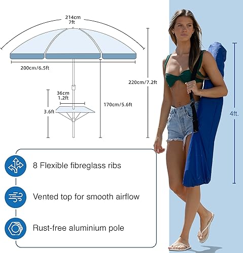 Miniatura 6 de AMMSUN Sombrilla de playa resistente de 7 pies para vientos fuertes con anclaje de arena, poste inclinable con ventilación y bandeja de mesa