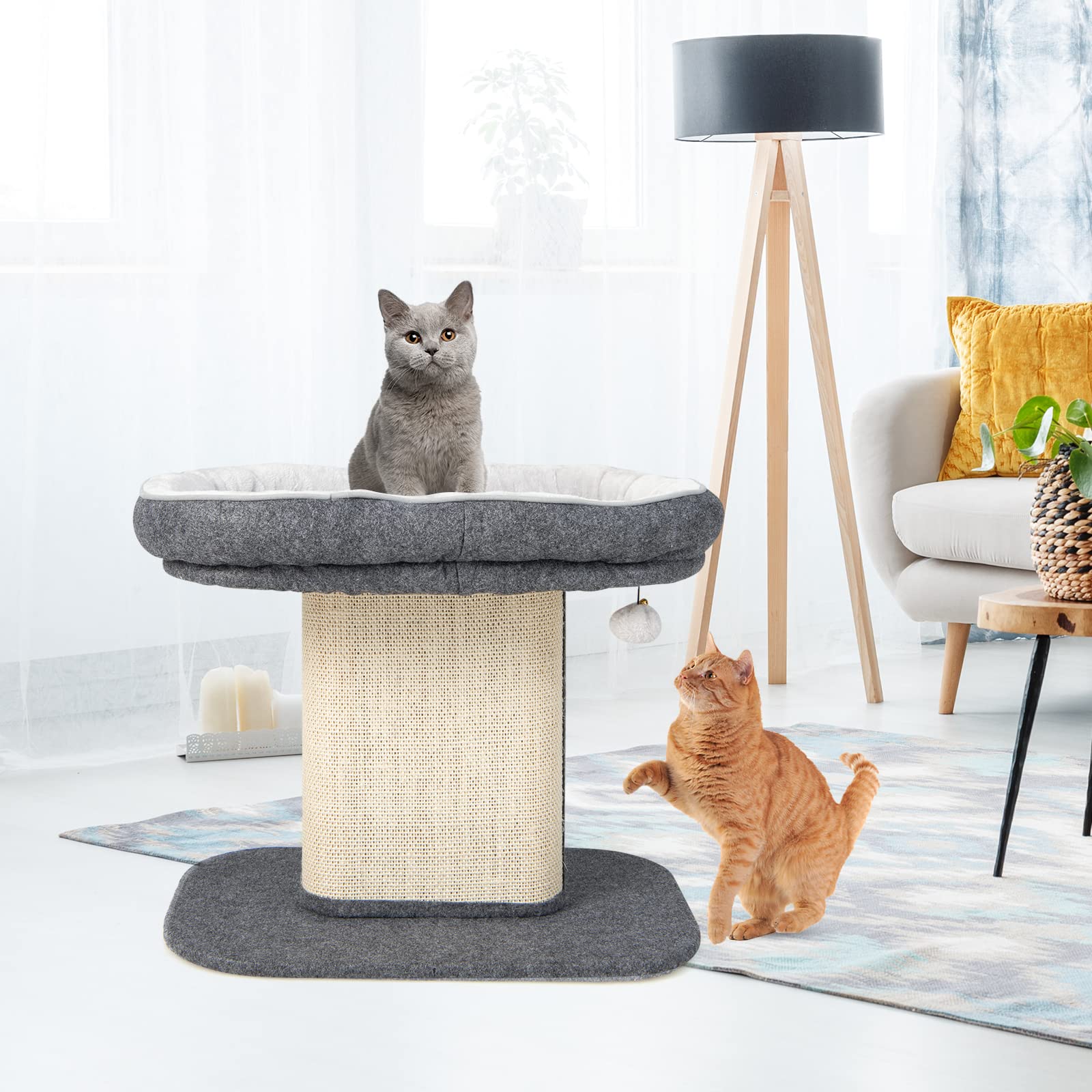 COSTWAY Tiragraffi con Grande Cuccia in Peluche e Sisal per Gatti, Struttura da Divano in Legno con Palla, Portata 20 kg (Grigio)